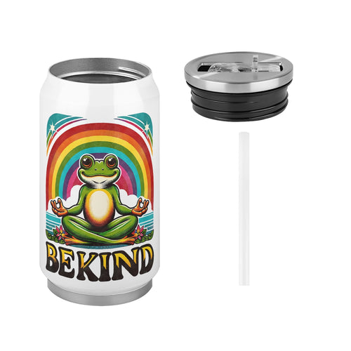 Be Kind, Meditating Frog 300ml Stainless Steel Can Shaped Tumbler With Straw Lid 300ml Can Shaped Tumbler animal Kindness Printed Offshore