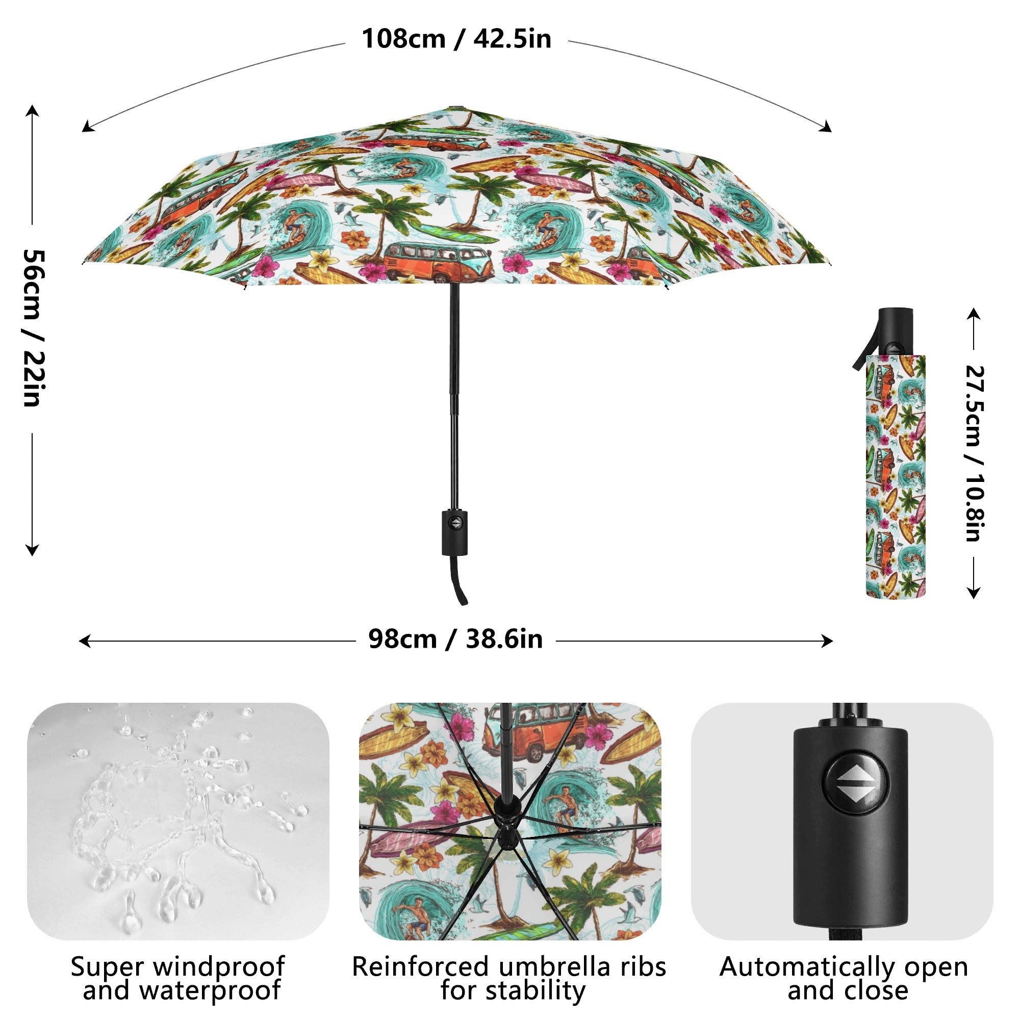 Surfing Safari Compact Automatic Umbrella Printed Offshore