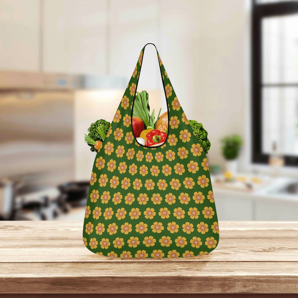 Yellow Flowers On Green 3 Pack of Foldable Shopping Bags 3-Pack Shopping Bags Plants Printed Offshore