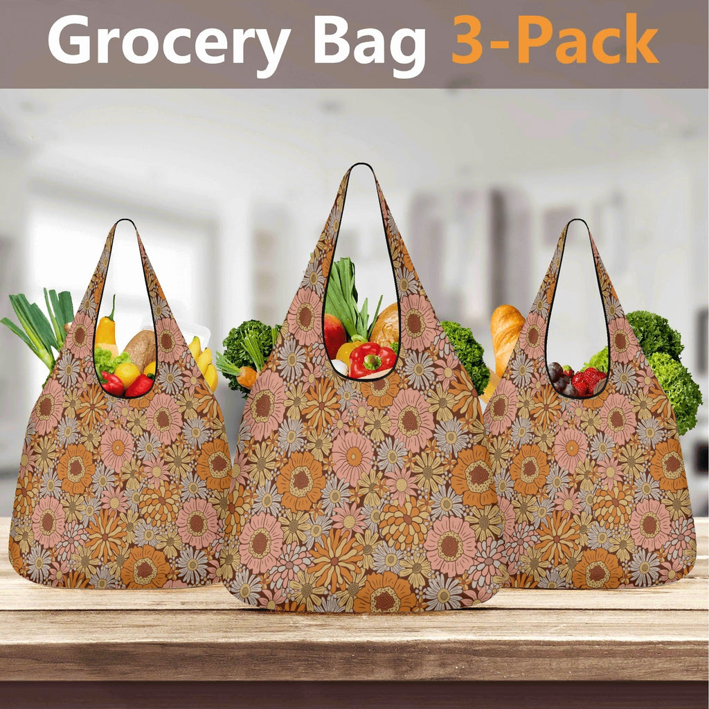Orange Retro Floral 3 Pack of Foldable Shopping Bags 3-Pack Shopping Bags Plants Printed Offshore