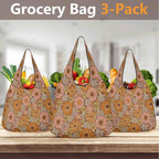 Orange Retro Floral 3 Pack of Foldable Shopping Bags 3-Pack Shopping Bags Plants Printed Offshore