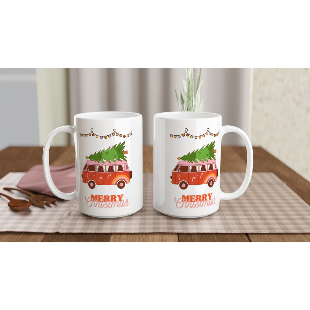 Christmas Tree On Peace Van - White 15oz Ceramic Mug Christmas 15oz Mug Christmas Globally Fulfilled