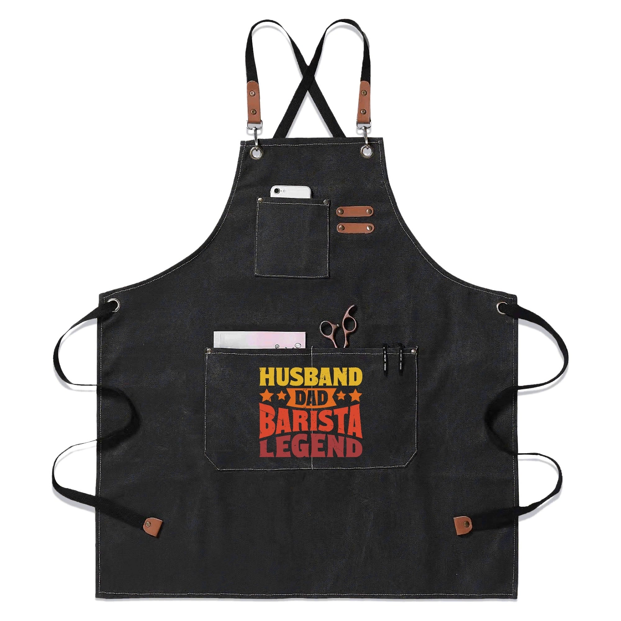 Husband, Dad, Barista, Legend Unisex Canvas Cross Back Chef Apron with Large Pockets Black Canvas Apron Coffee Dad Printed Offshore