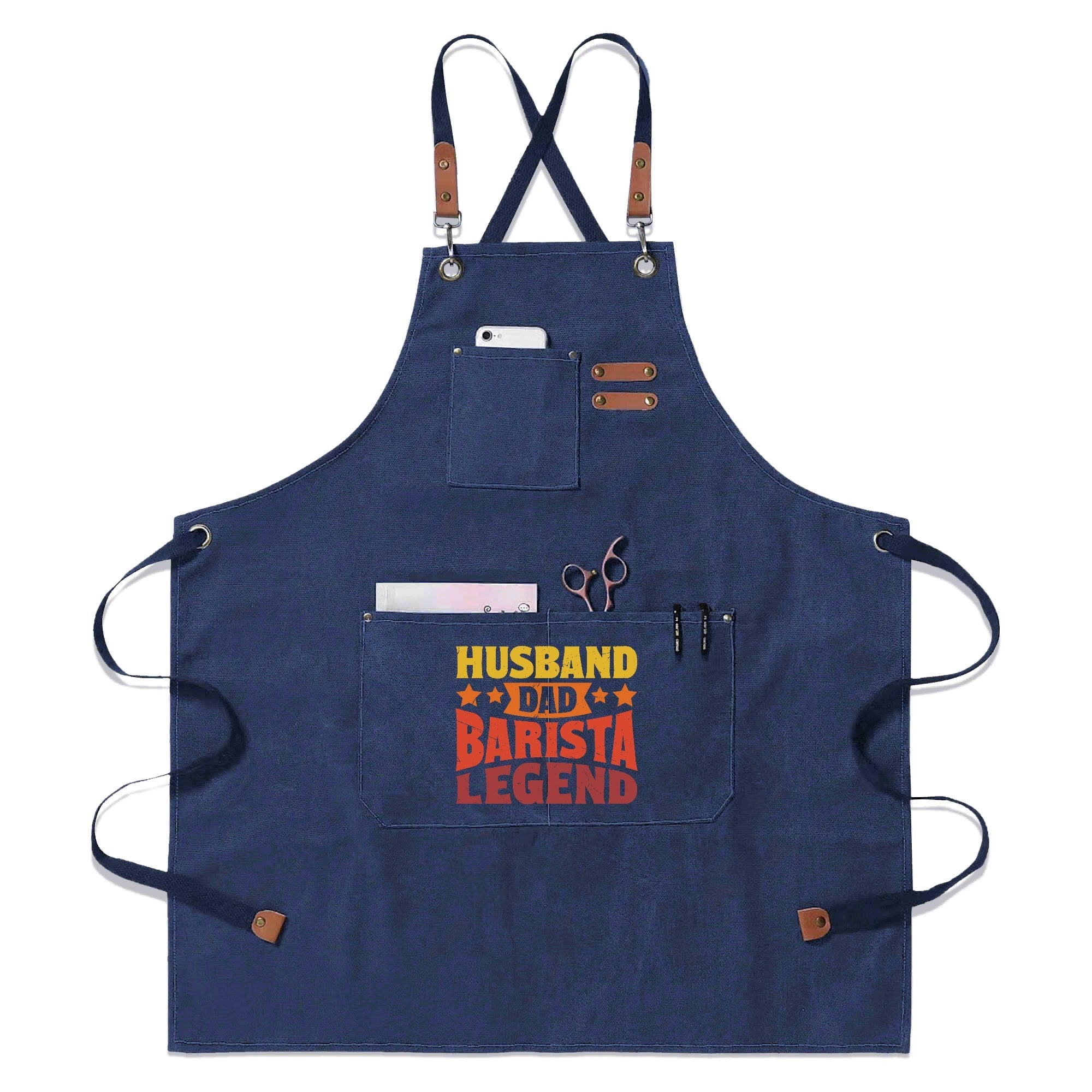 Husband, Dad, Barista, Legend Unisex Canvas Cross Back Chef Apron with Large Pockets Royal Blue Canvas Apron Coffee Dad Printed Offshore
