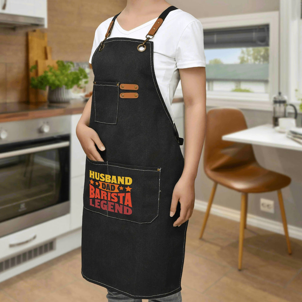 Husband, Dad, Barista, Legend Unisex Canvas Cross Back Chef Apron with Large Pockets Canvas Apron Coffee Dad Printed Offshore