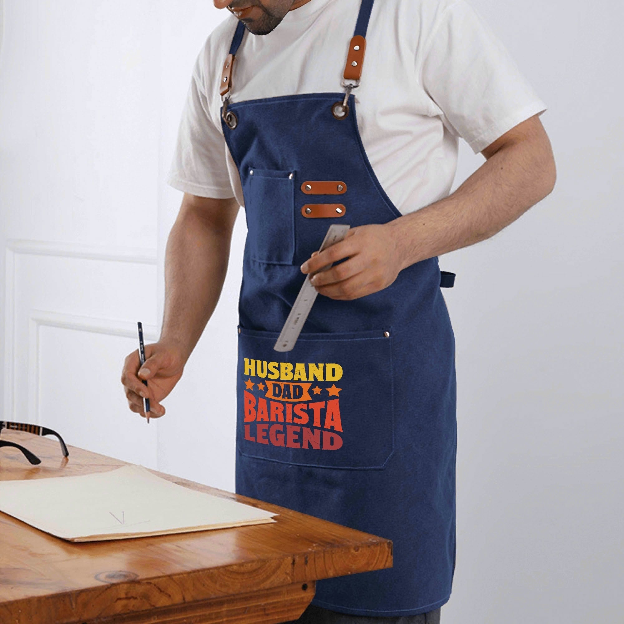 Husband, Dad, Barista, Legend Unisex Canvas Cross Back Chef Apron with Large Pockets Canvas Apron Coffee Dad Printed Offshore