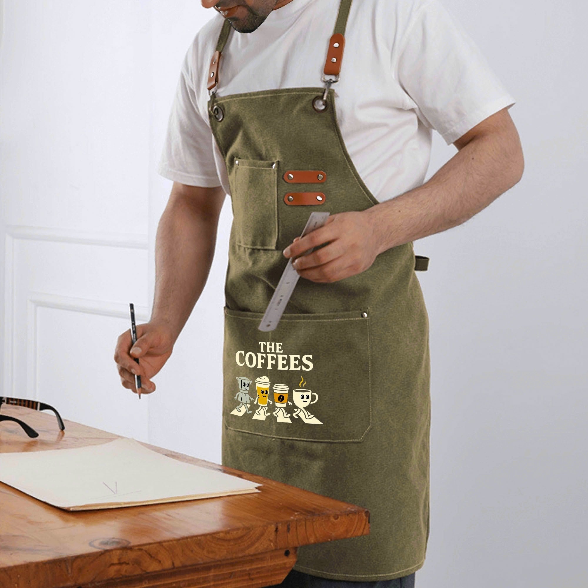 The Coffees Crossing The Road Unisex Canvas Cross Back Chef Apron with Large Pockets Canvas Apron Coffee Music Printed Offshore