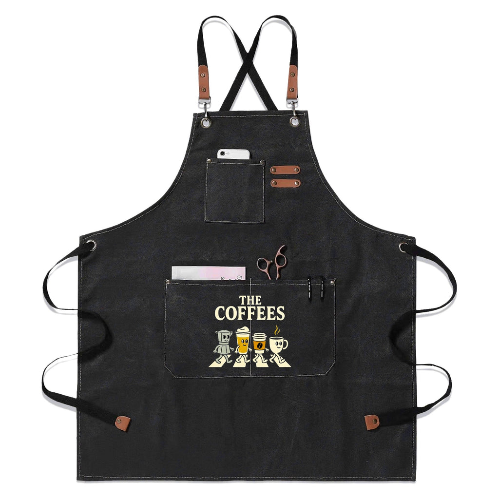 The Coffees Crossing The Road Unisex Canvas Cross Back Chef Apron with Large Pockets Black Canvas Apron Coffee Music Printed Offshore