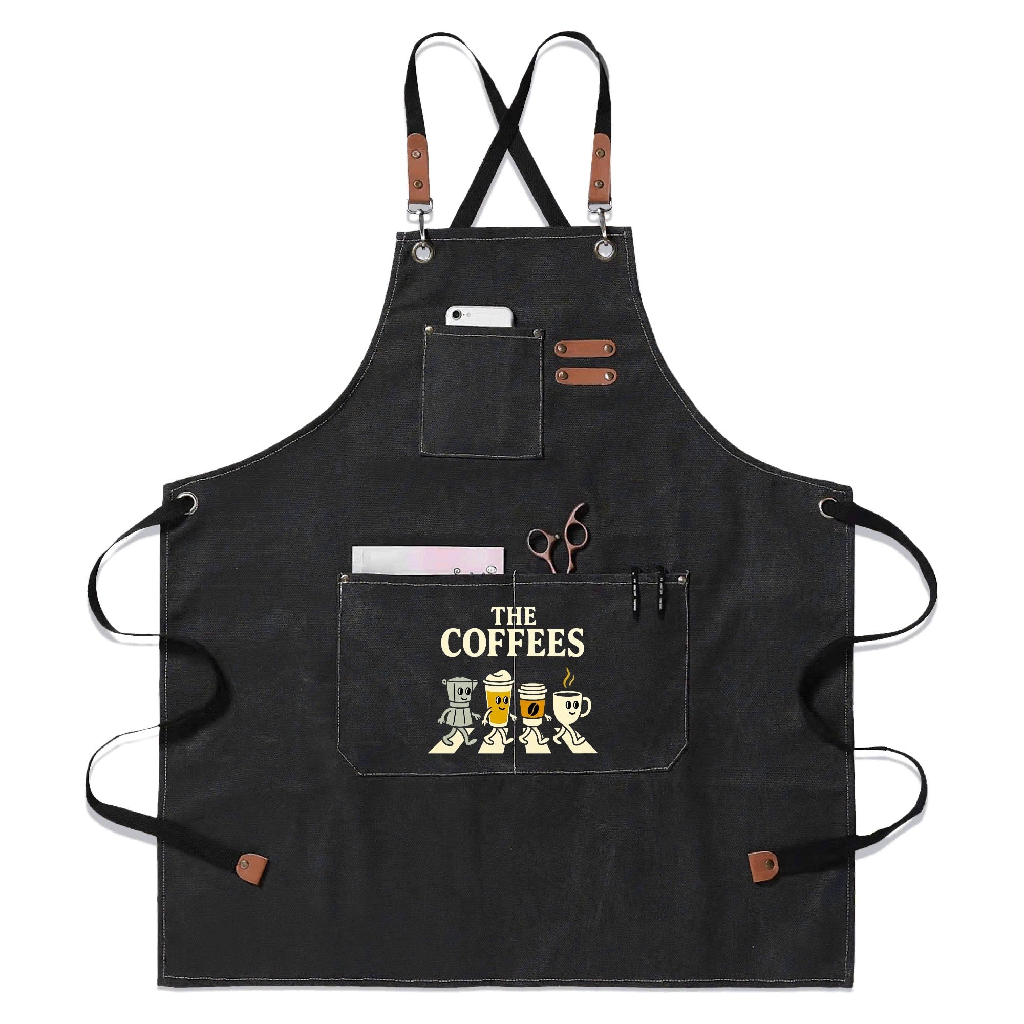 The Coffees Crossing The Road Unisex Canvas Cross Back Chef Apron with Large Pockets Black Canvas Apron Coffee Music Printed Offshore