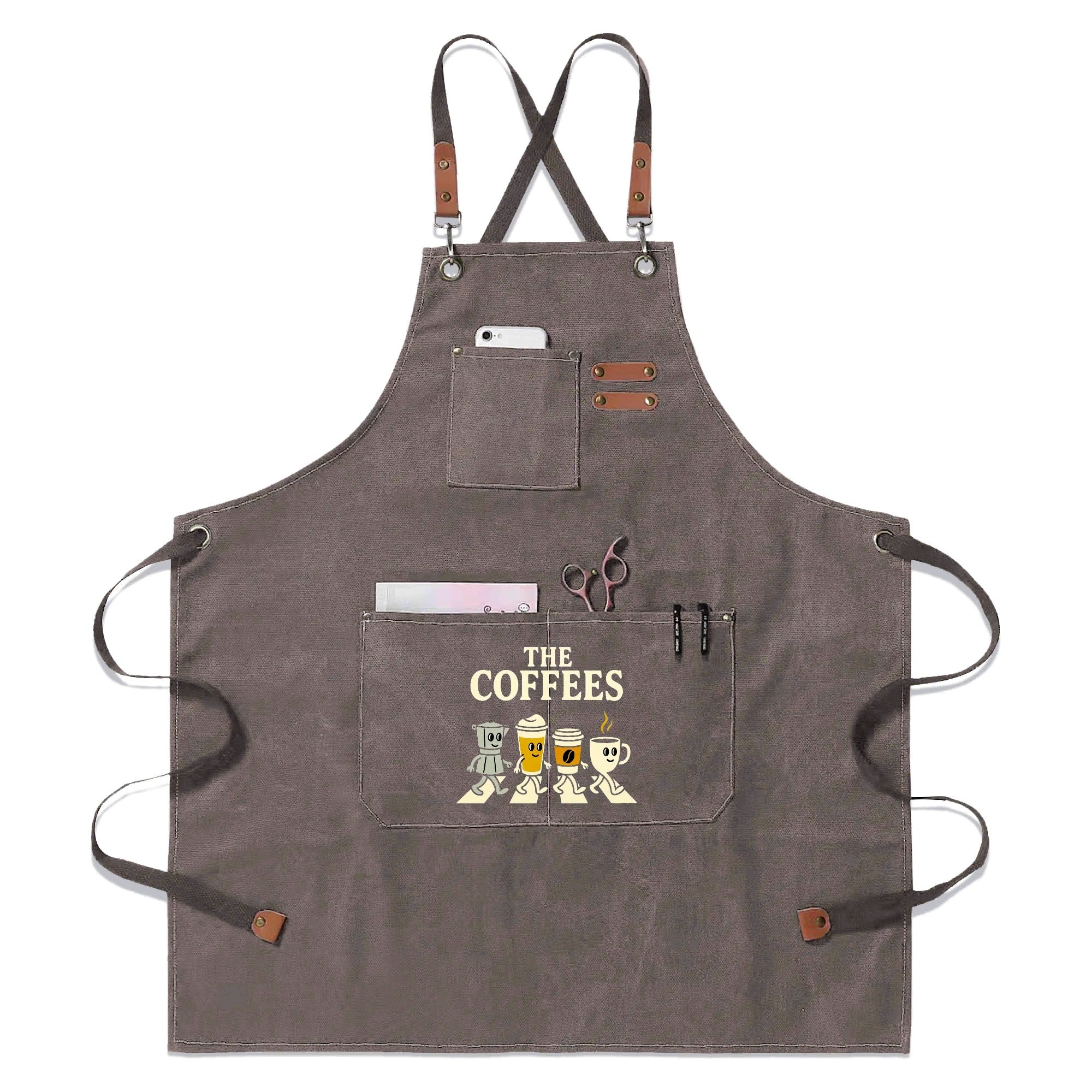 The Coffees Crossing The Road Unisex Canvas Cross Back Chef Apron with Large Pockets Gray Canvas Apron Coffee Music Printed Offshore