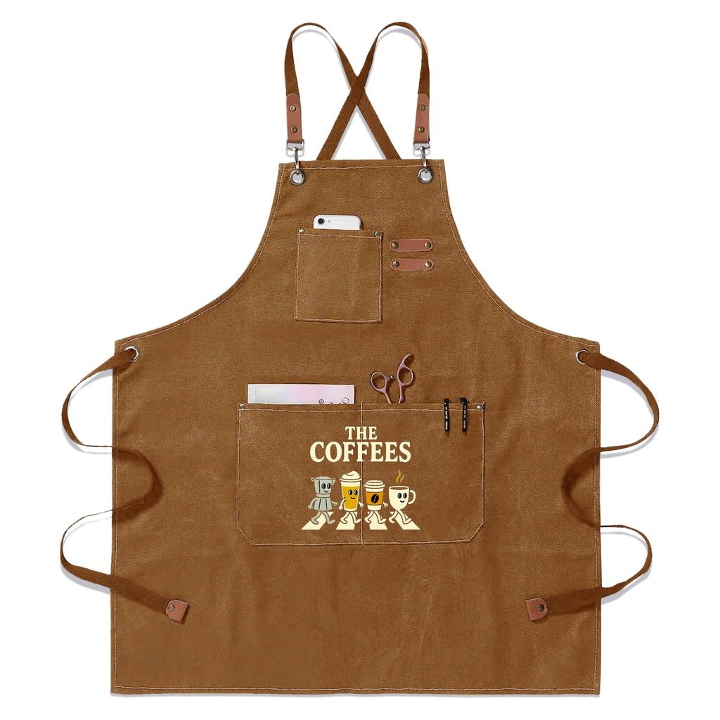 The Coffees Crossing The Road Unisex Canvas Cross Back Chef Apron with Large Pockets Khaki Canvas Apron Coffee Music Printed Offshore