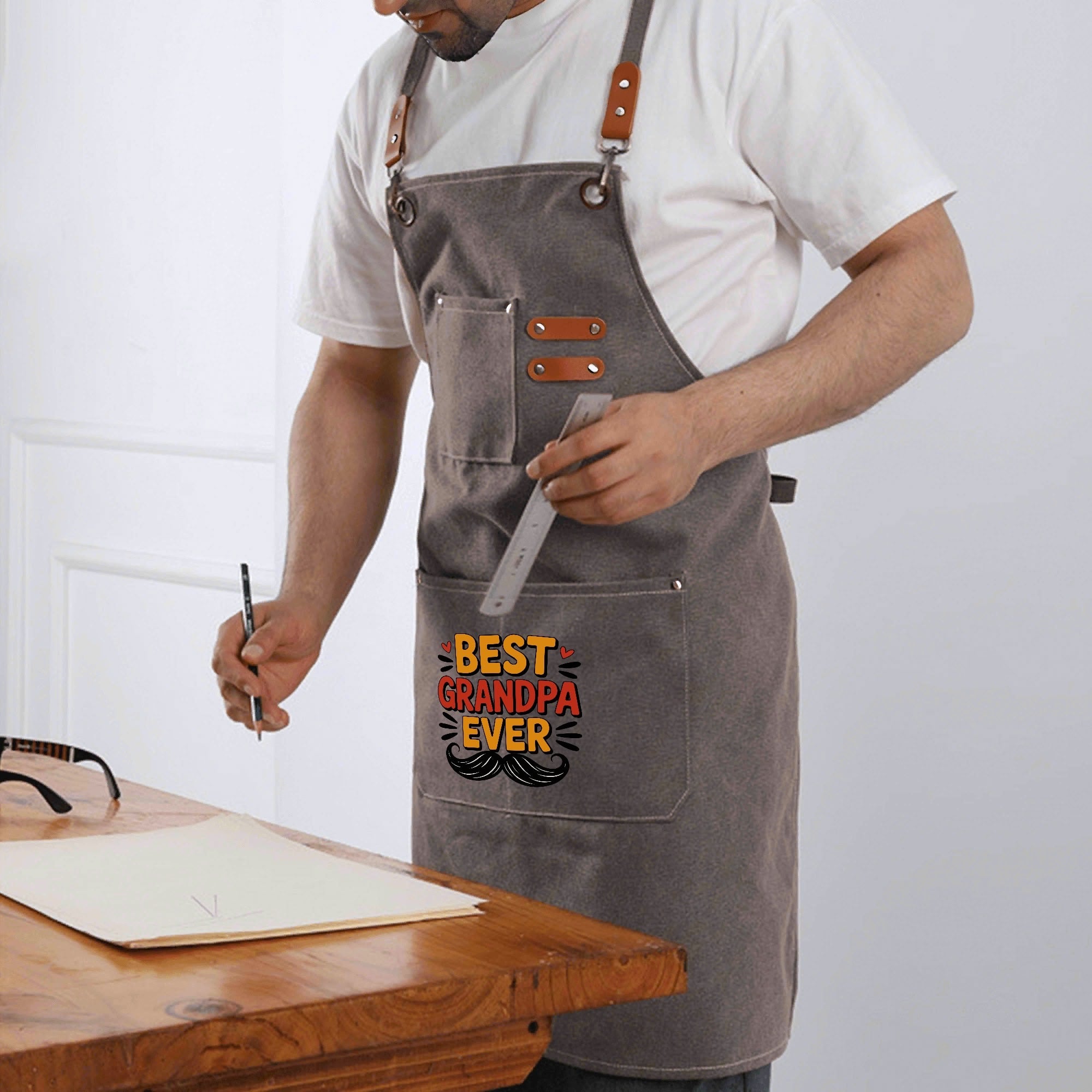 Best Grandpa Ever Unisex Canvas Cross Back Chef Apron with Large Pockets Canvas Apron Dad Printed Offshore