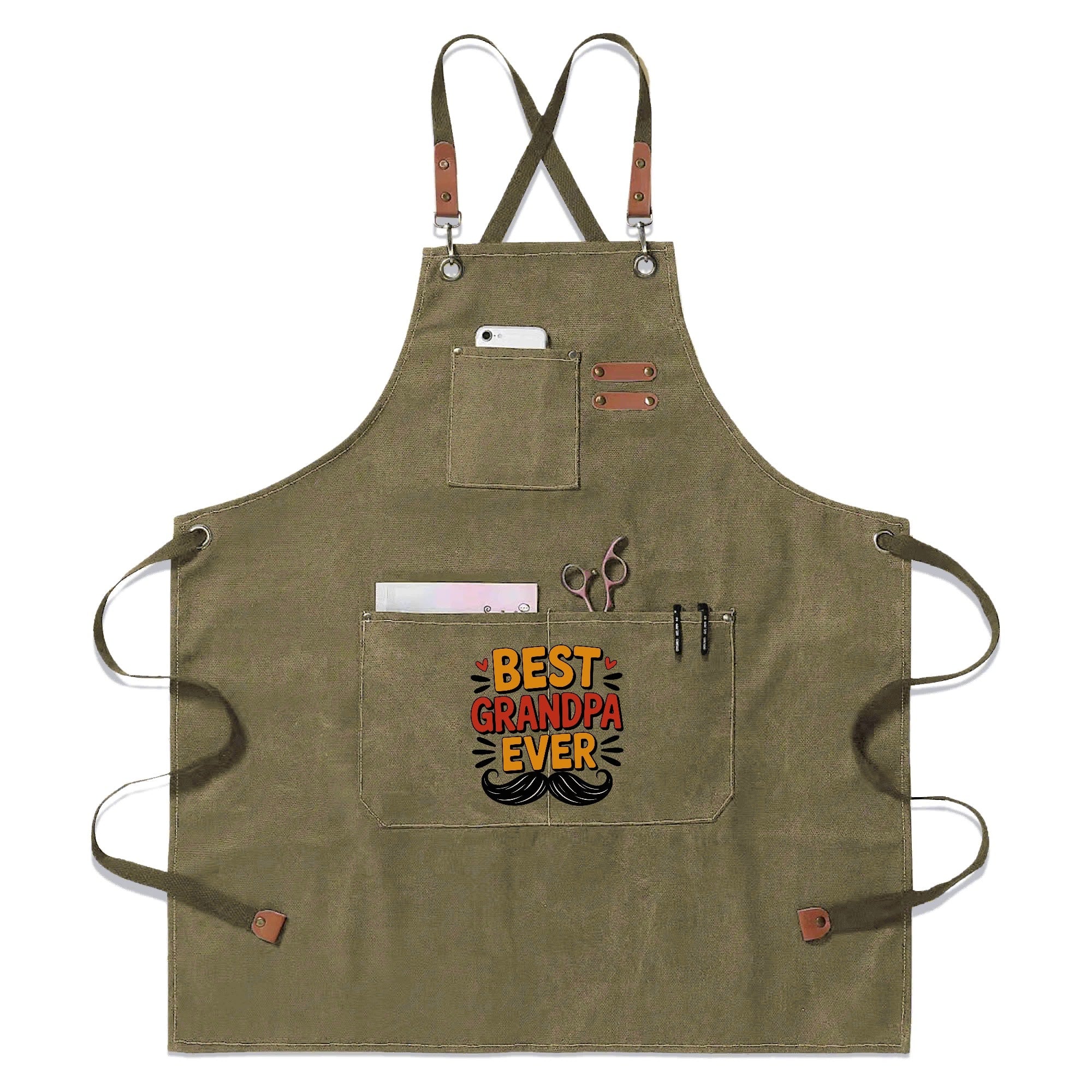 Best Grandpa Ever Unisex Canvas Cross Back Chef Apron with Large Pockets Olive Canvas Apron Dad Printed Offshore