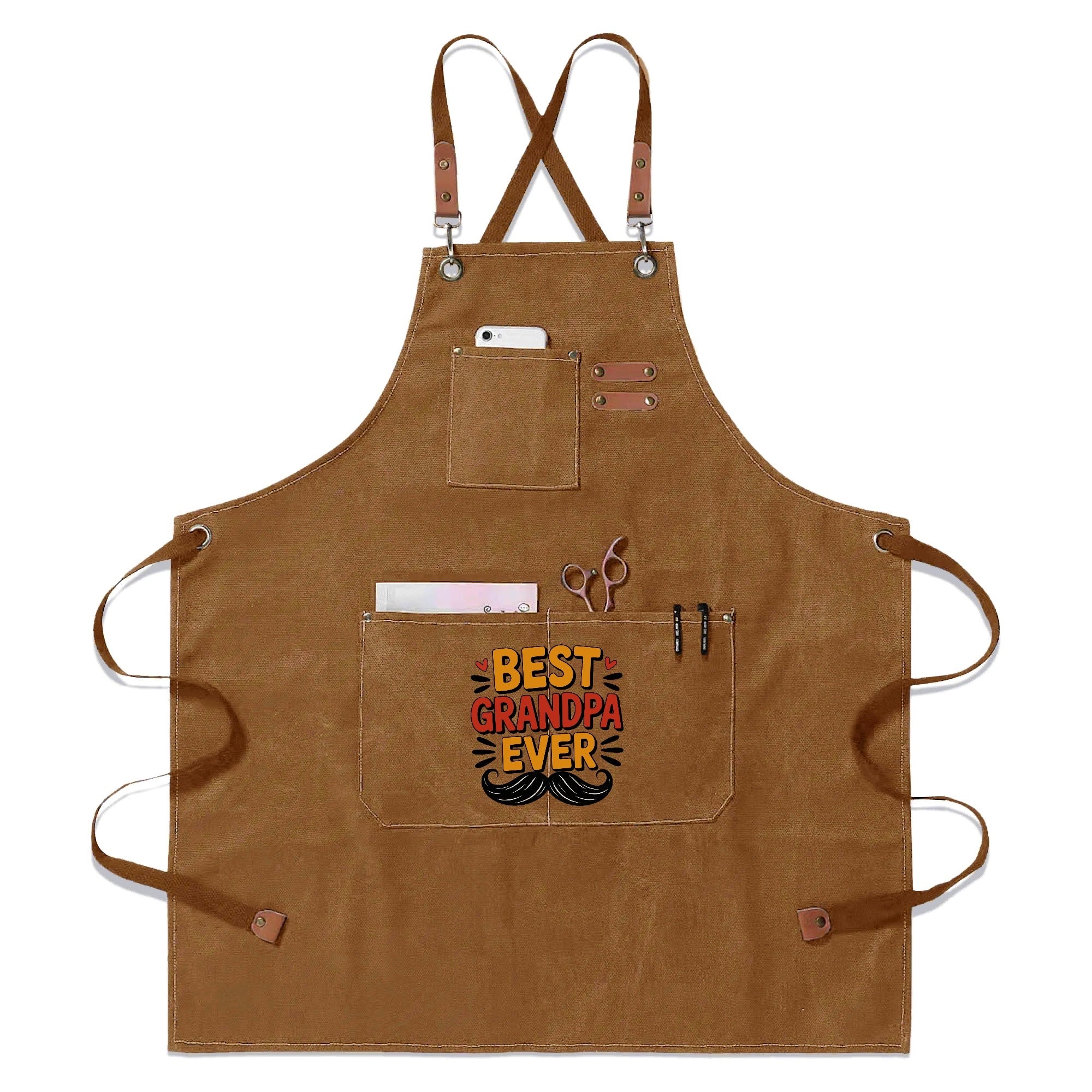 Best Grandpa Ever Unisex Canvas Cross Back Chef Apron with Large Pockets Khaki Canvas Apron Dad Printed Offshore