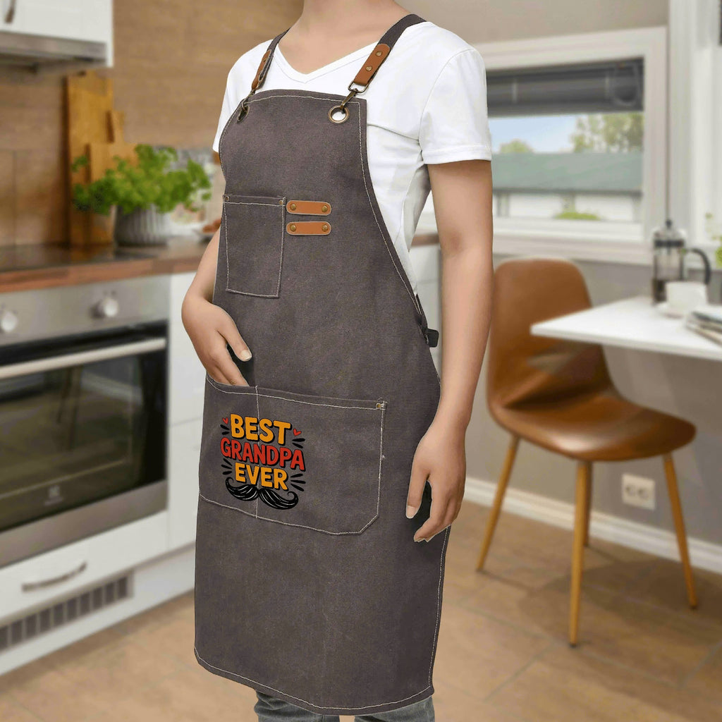 Best Grandpa Ever Unisex Canvas Cross Back Chef Apron with Large Pockets Canvas Apron Dad Printed Offshore