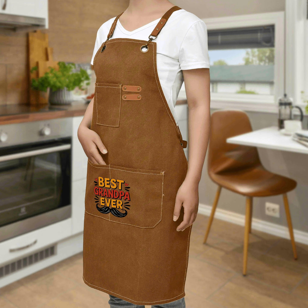 Best Grandpa Ever Unisex Canvas Cross Back Chef Apron with Large Pockets Canvas Apron Dad Printed Offshore