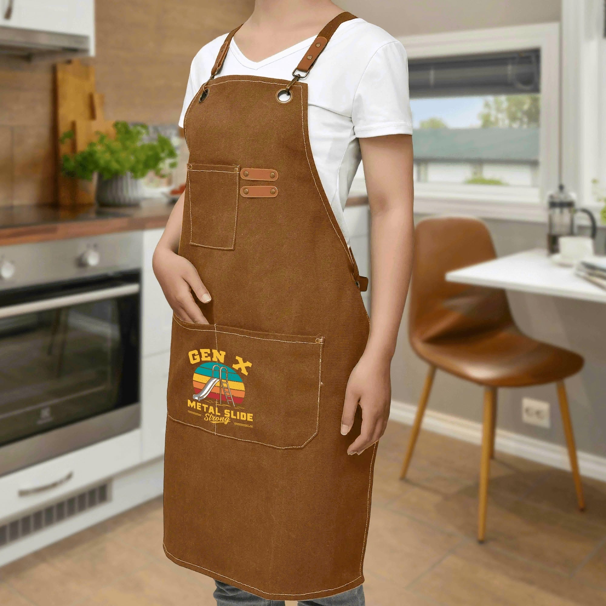 Gen X Metal Slide Strong Unisex Canvas Cross Back Chef Apron with Large Pockets Canvas Apron Printed Offshore