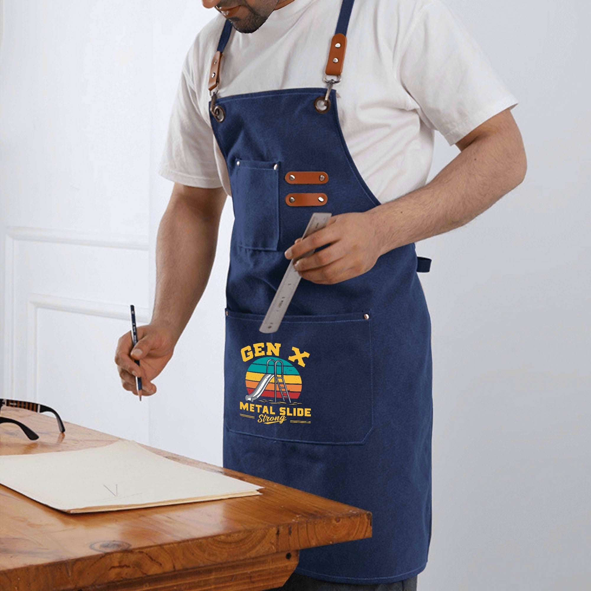 Gen X Metal Slide Strong Unisex Canvas Cross Back Chef Apron with Large Pockets Canvas Apron Printed Offshore