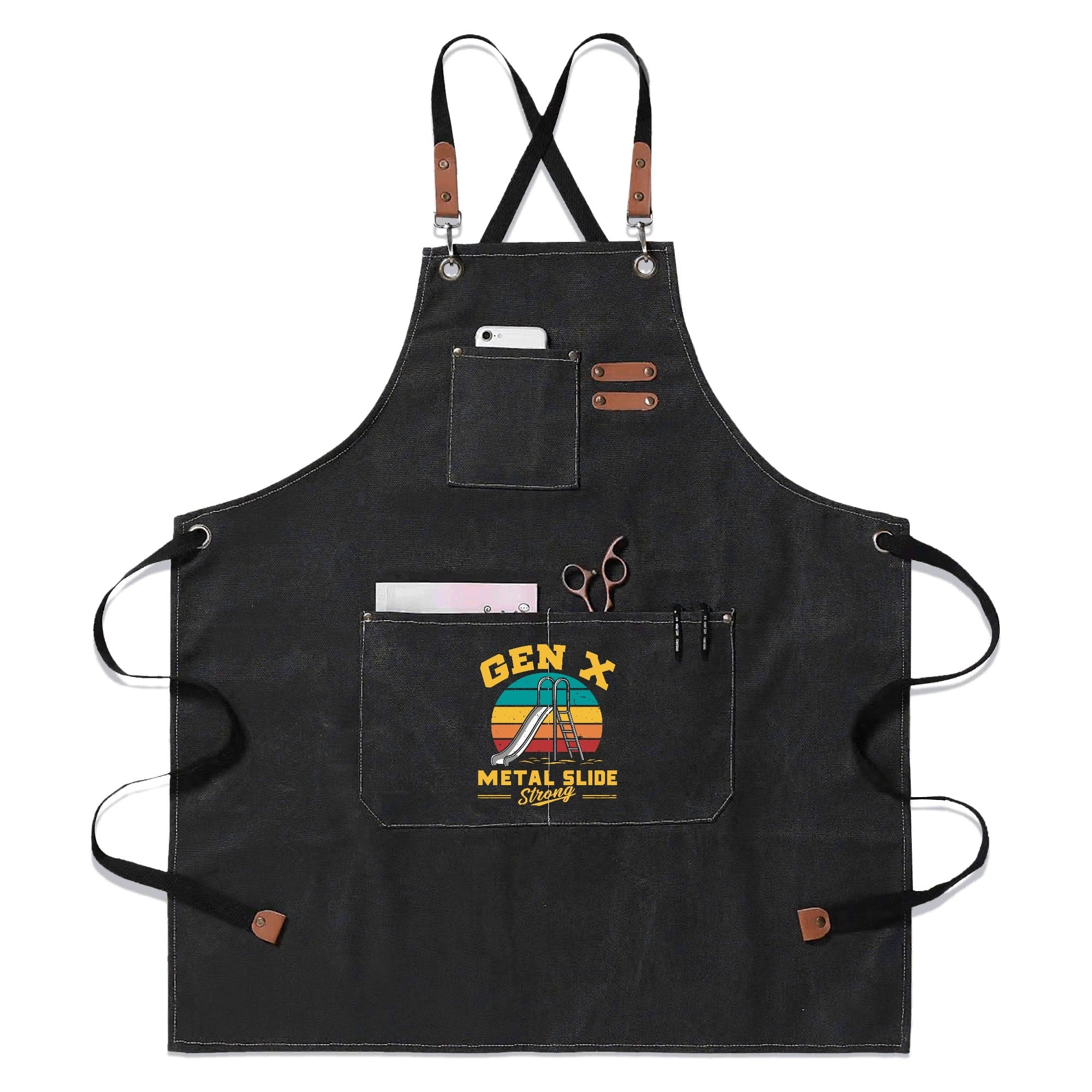 Gen X Metal Slide Strong Unisex Canvas Cross Back Chef Apron with Large Pockets Black Canvas Apron Printed Offshore