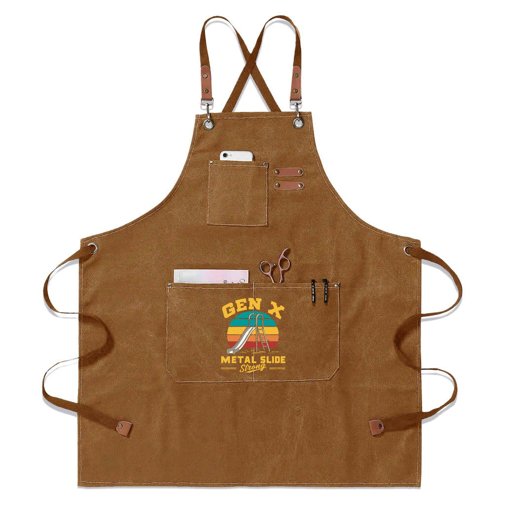 Gen X Metal Slide Strong Unisex Canvas Cross Back Chef Apron with Large Pockets Khaki Canvas Apron Printed Offshore