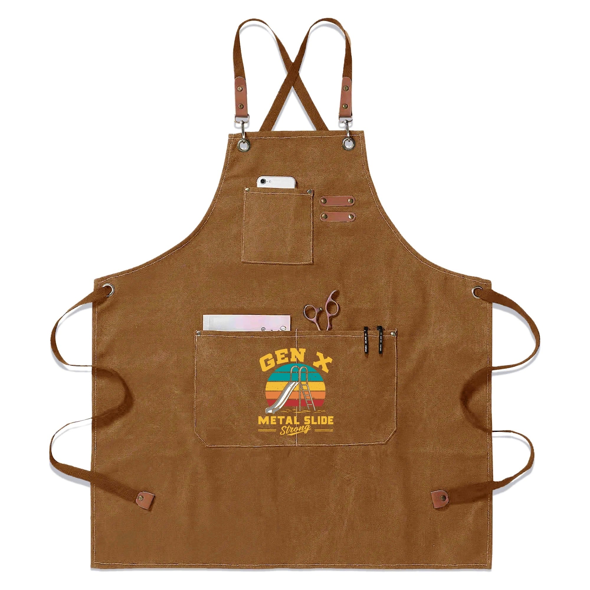Gen X Metal Slide Strong Unisex Canvas Cross Back Chef Apron with Large Pockets Khaki Canvas Apron Printed Offshore