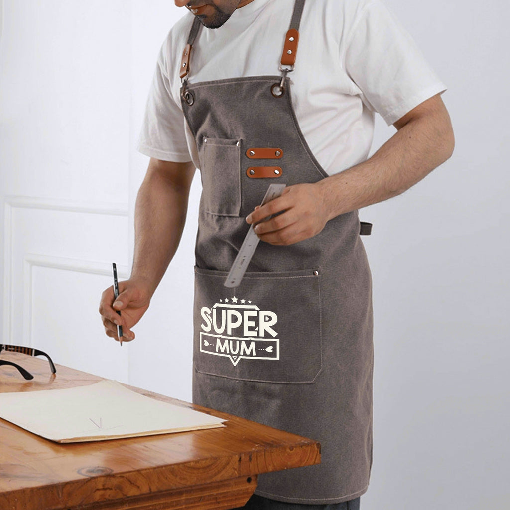 Super Mum Unisex Canvas Cross Back Chef Apron with Large Pockets Canvas Apron comic Mum Printed Offshore