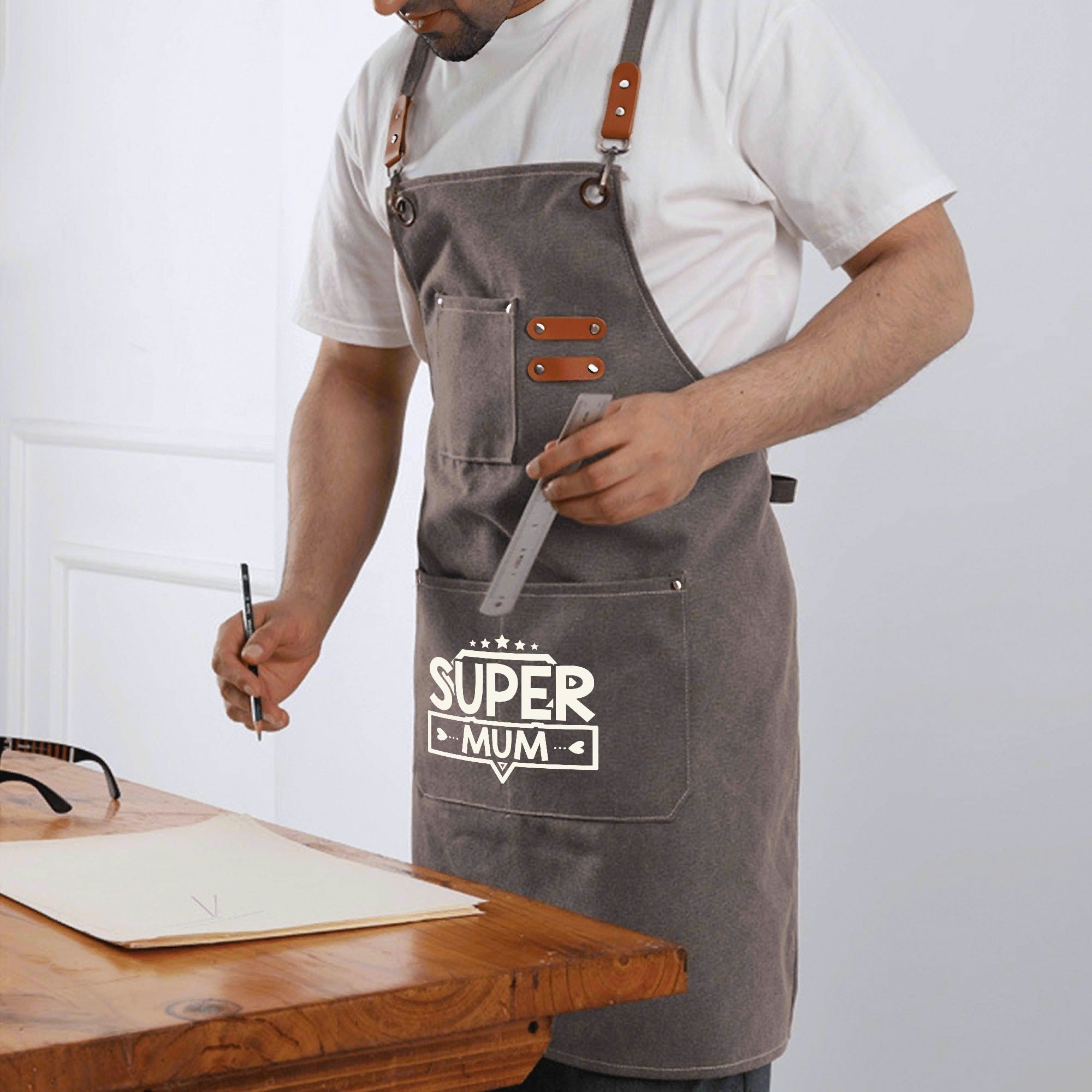 Super Mum Unisex Canvas Cross Back Chef Apron with Large Pockets Canvas Apron comic Mum Printed Offshore