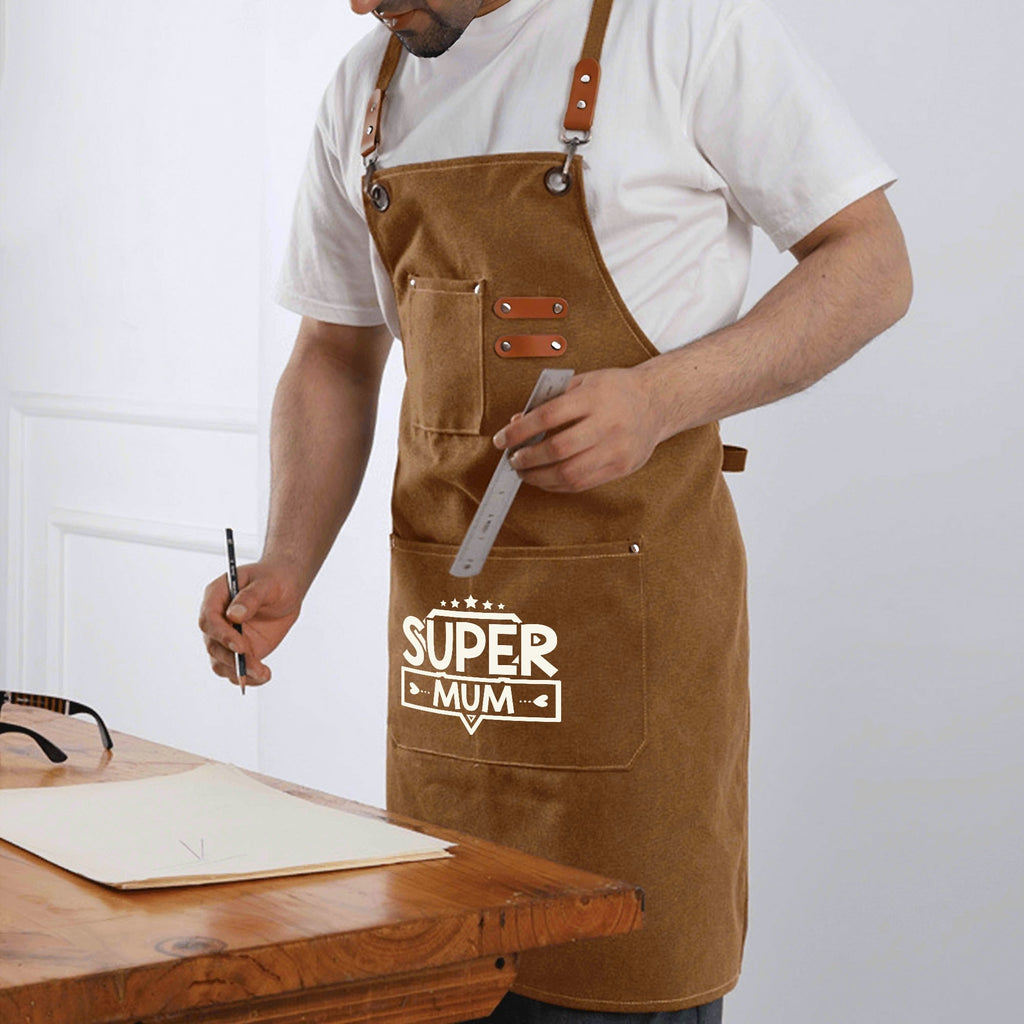 Super Mum Unisex Canvas Cross Back Chef Apron with Large Pockets Canvas Apron comic Mum Printed Offshore