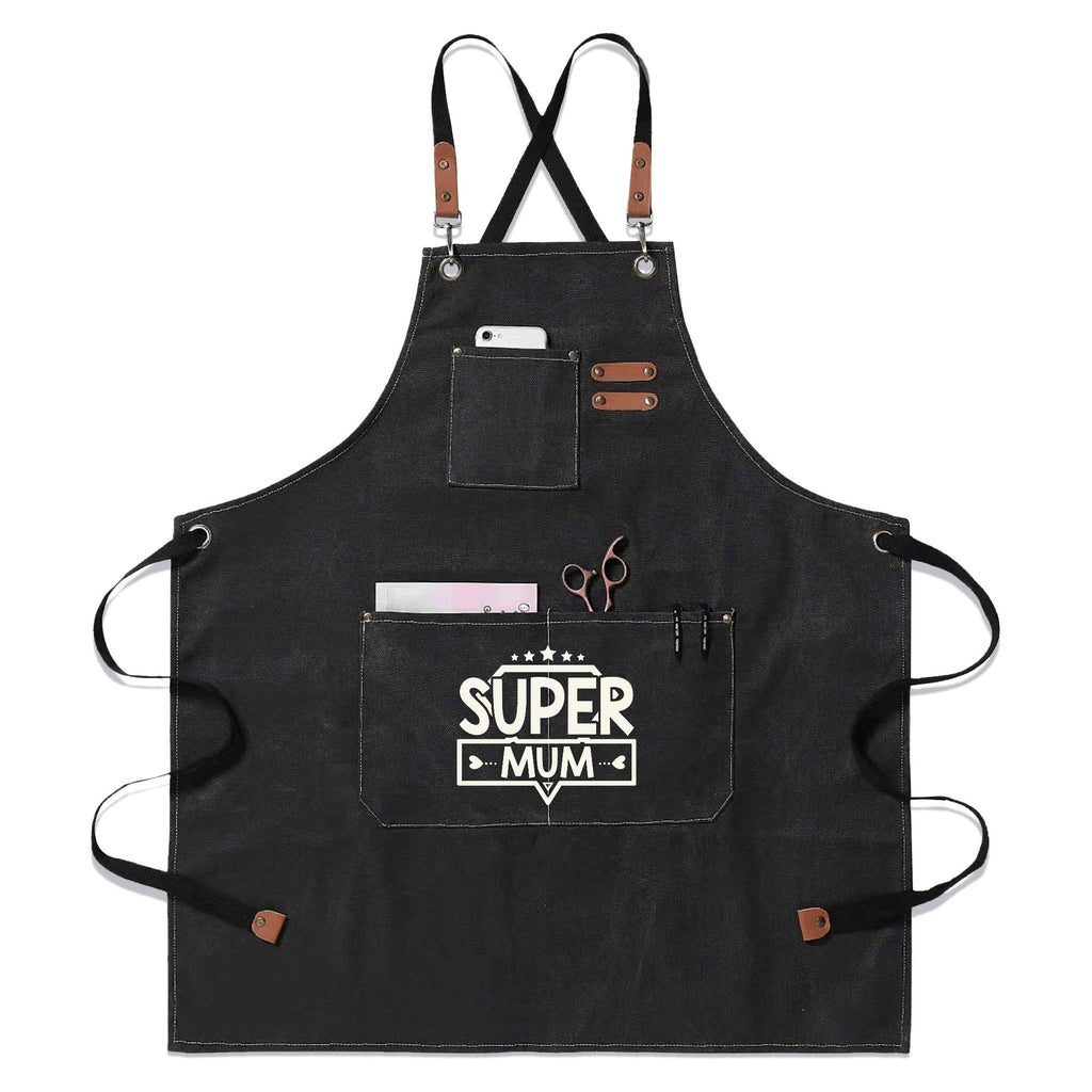 Super Mum Unisex Canvas Cross Back Chef Apron with Large Pockets Black Canvas Apron comic Mum Printed Offshore
