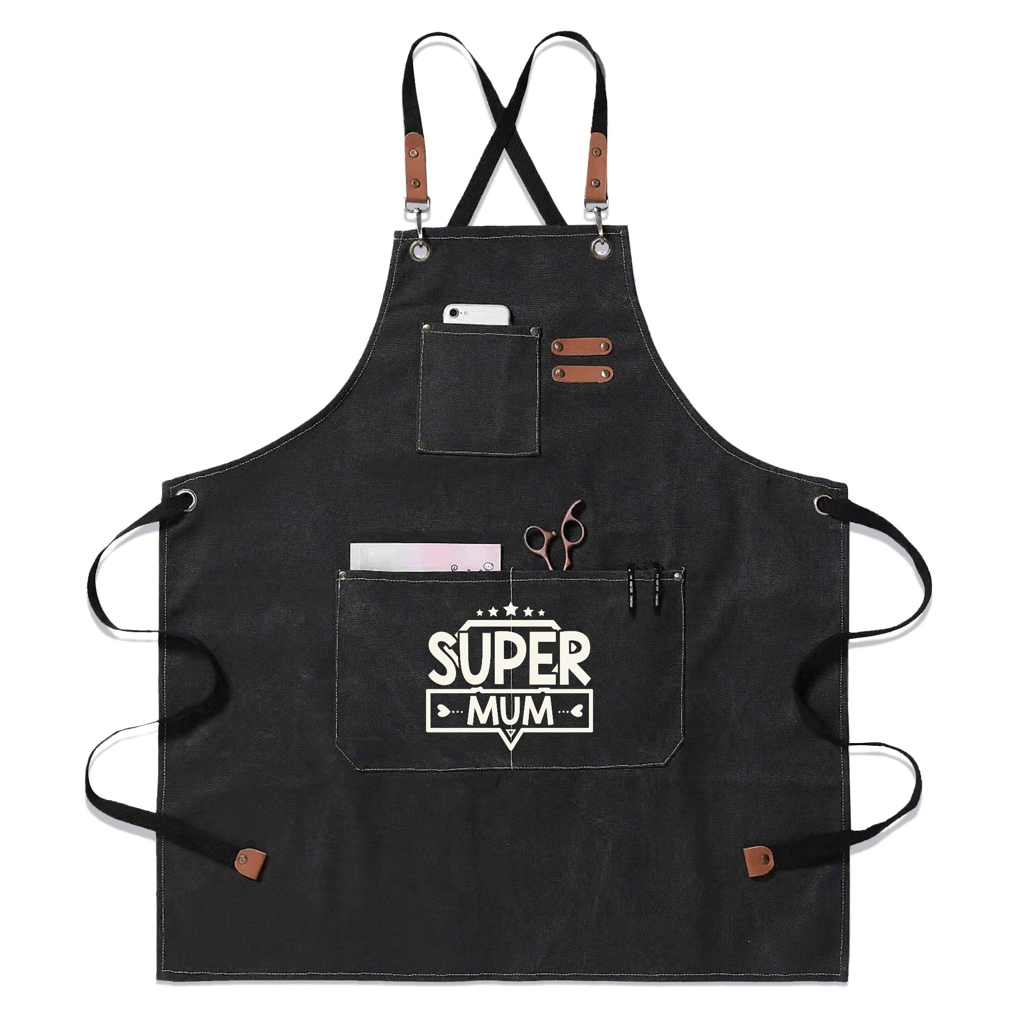 Super Mum Unisex Canvas Cross Back Chef Apron with Large Pockets Black Canvas Apron comic Mum Printed Offshore