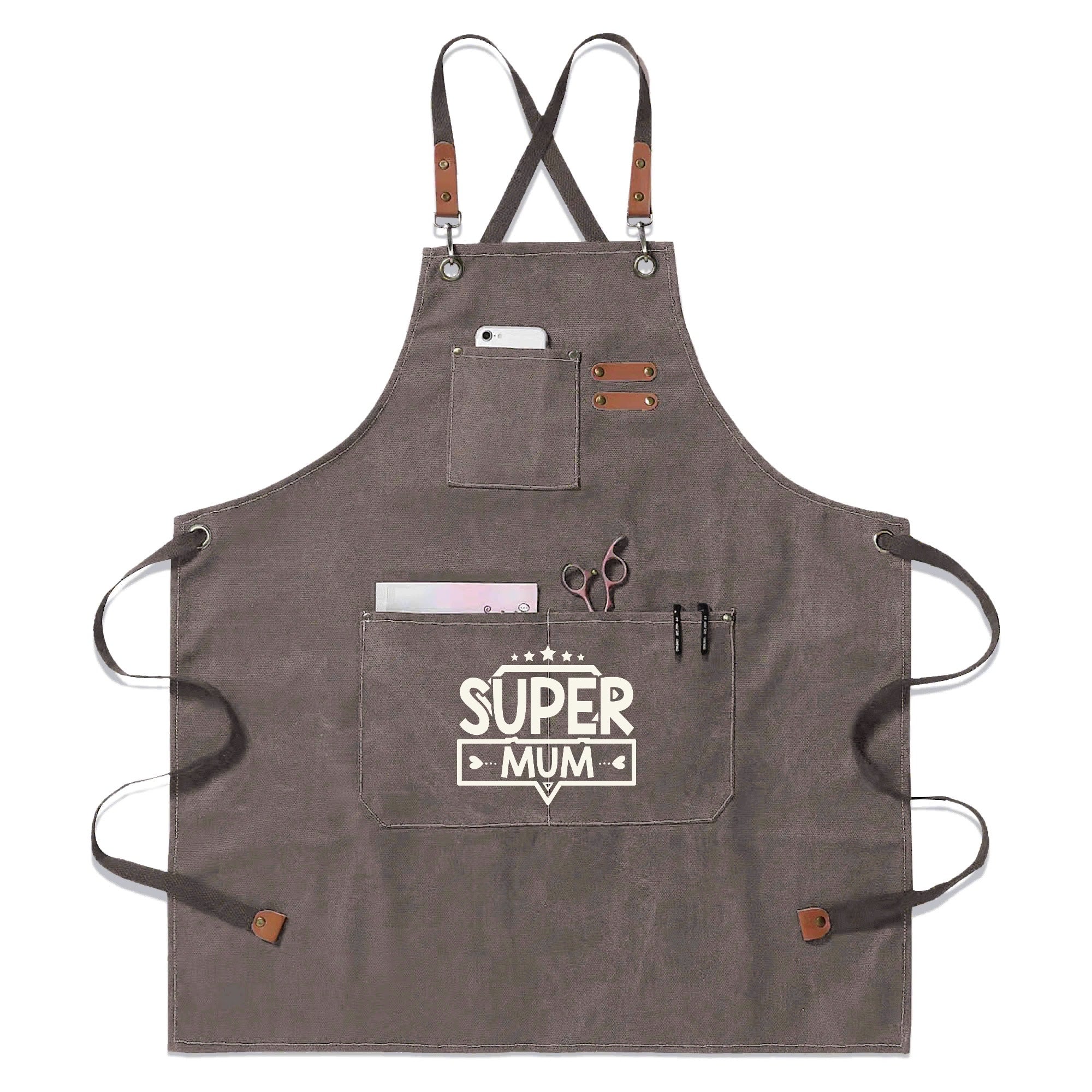 Super Mum Unisex Canvas Cross Back Chef Apron with Large Pockets Gray Canvas Apron comic Mum Printed Offshore