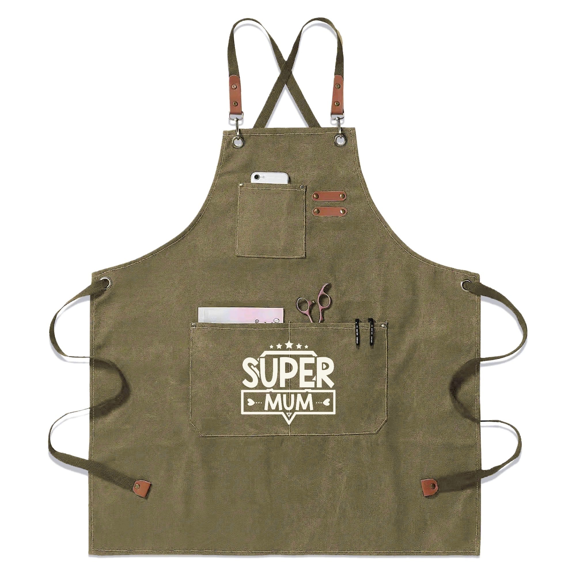 Super Mum Unisex Canvas Cross Back Chef Apron with Large Pockets Olive Canvas Apron comic Mum Printed Offshore