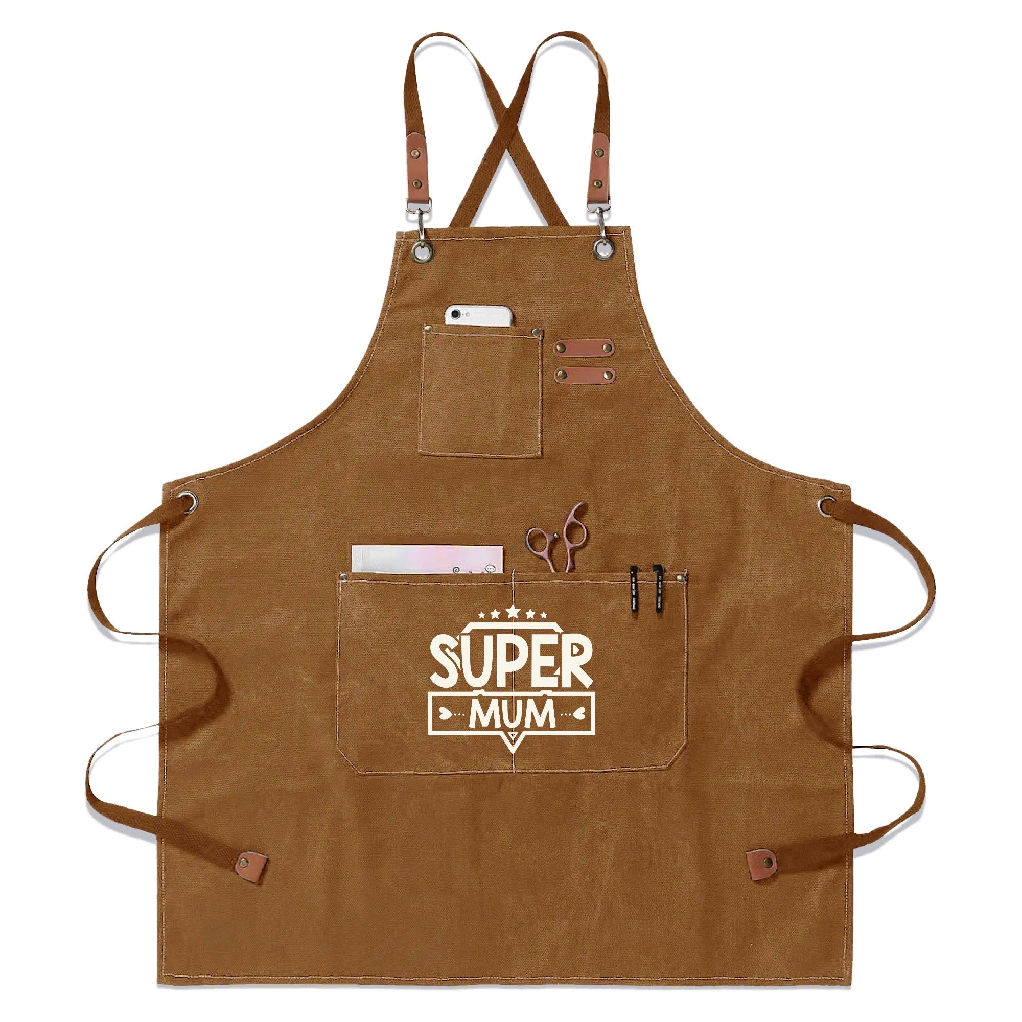 Super Mum Unisex Canvas Cross Back Chef Apron with Large Pockets Khaki Canvas Apron comic Mum Printed Offshore