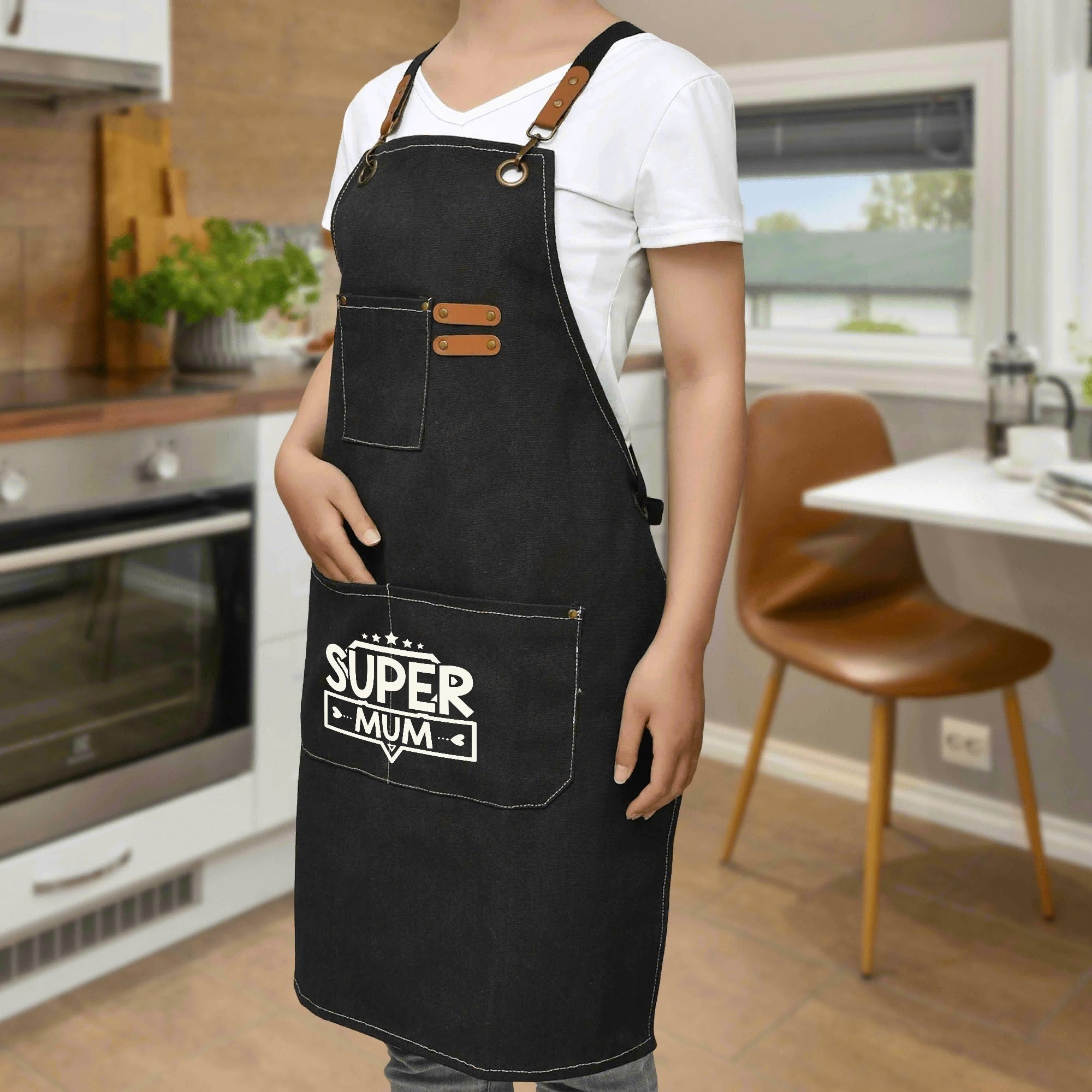 Super Mum Unisex Canvas Cross Back Chef Apron with Large Pockets Canvas Apron comic Mum Printed Offshore