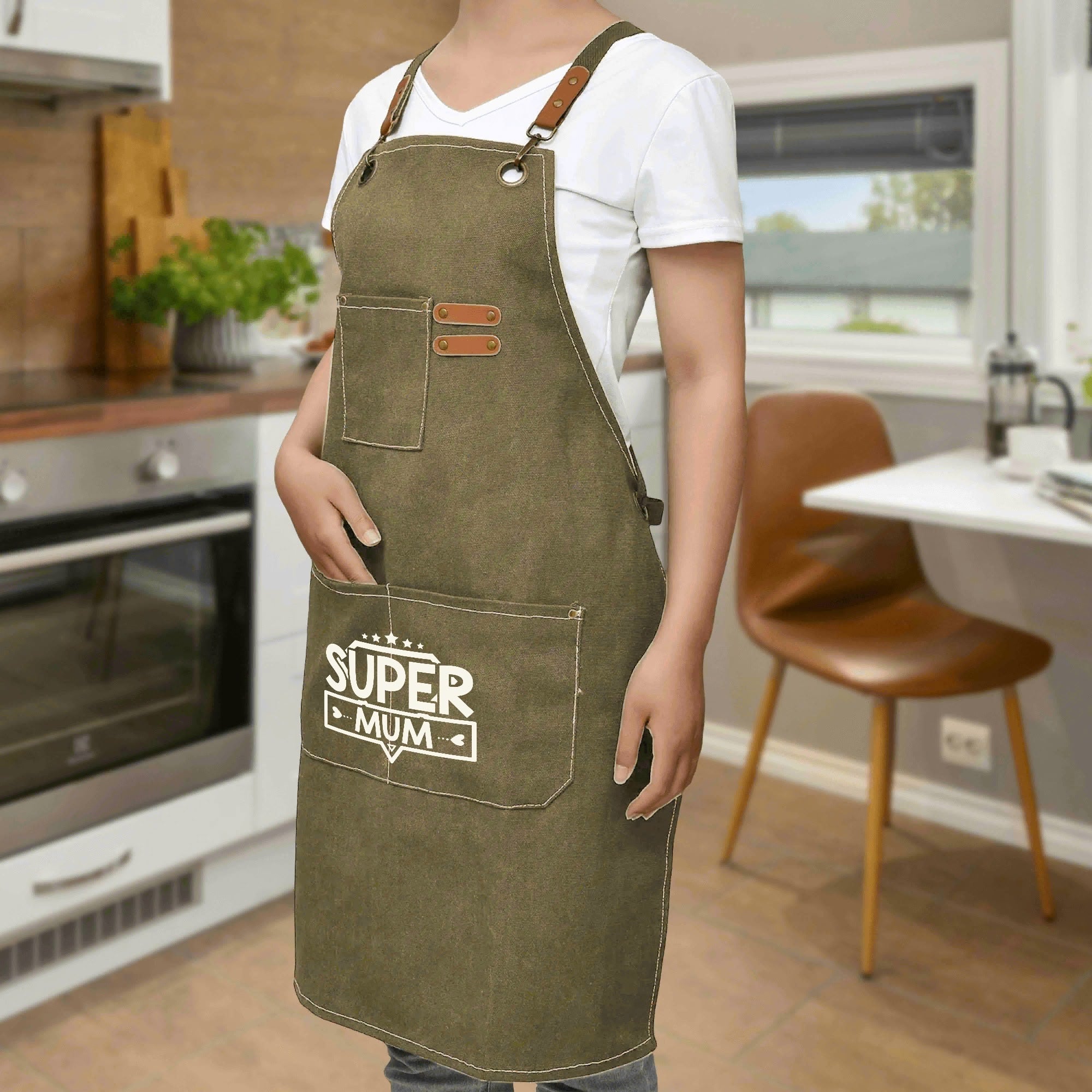 Super Mum Unisex Canvas Cross Back Chef Apron with Large Pockets Canvas Apron comic Mum Printed Offshore
