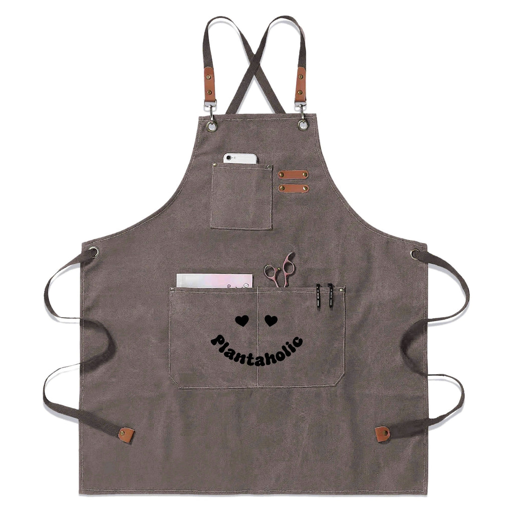 Plantaholic Unisex Canvas Cross Back Chef Apron with Large Pockets Gray Canvas Apron Plants Printed Offshore