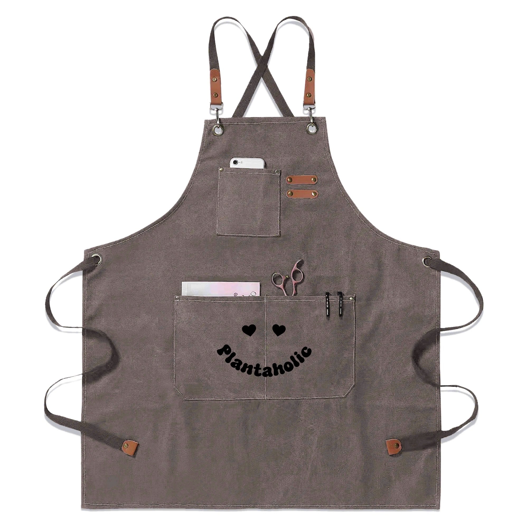 Plantaholic Unisex Canvas Cross Back Chef Apron with Large Pockets Gray Canvas Apron Plants Printed Offshore