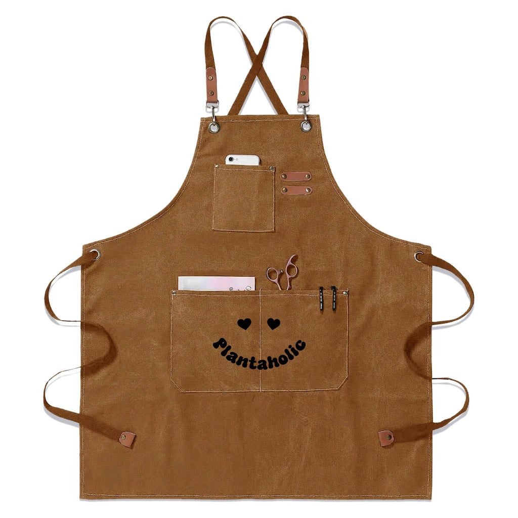 Plantaholic Unisex Canvas Cross Back Chef Apron with Large Pockets Khaki Canvas Apron Plants Printed Offshore