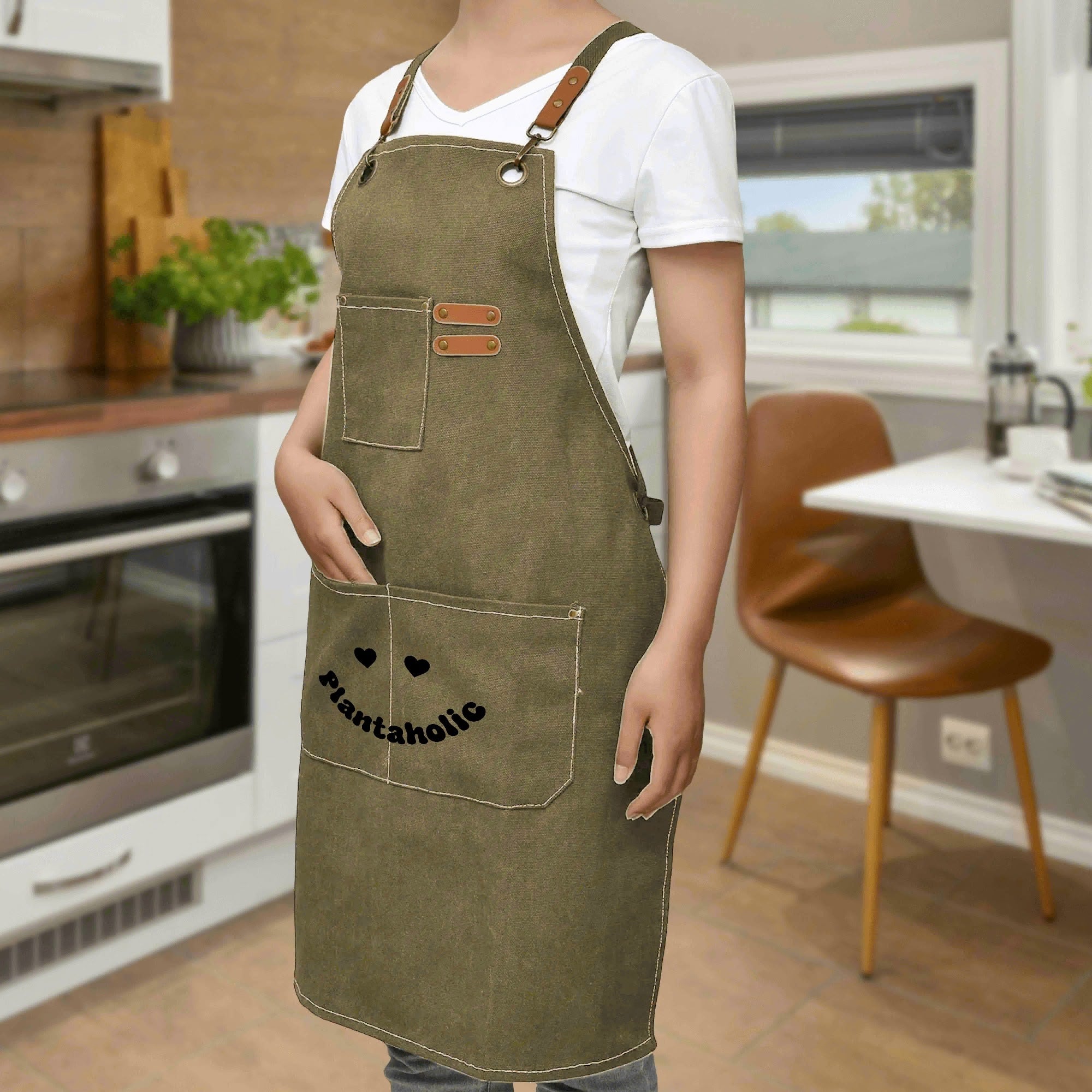 Plantaholic Unisex Canvas Cross Back Chef Apron with Large Pockets Canvas Apron Plants Printed Offshore