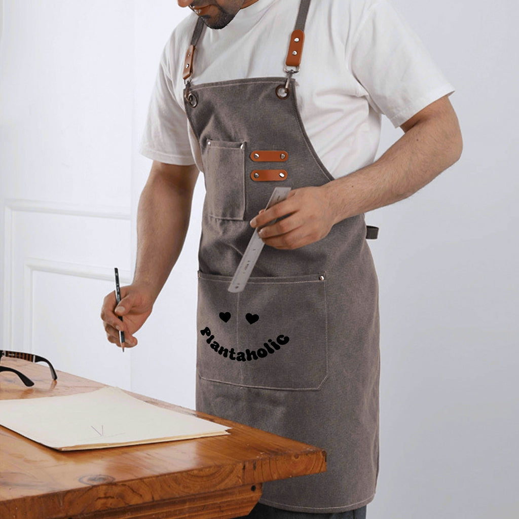 Plantaholic Unisex Canvas Cross Back Chef Apron with Large Pockets Canvas Apron Plants Printed Offshore