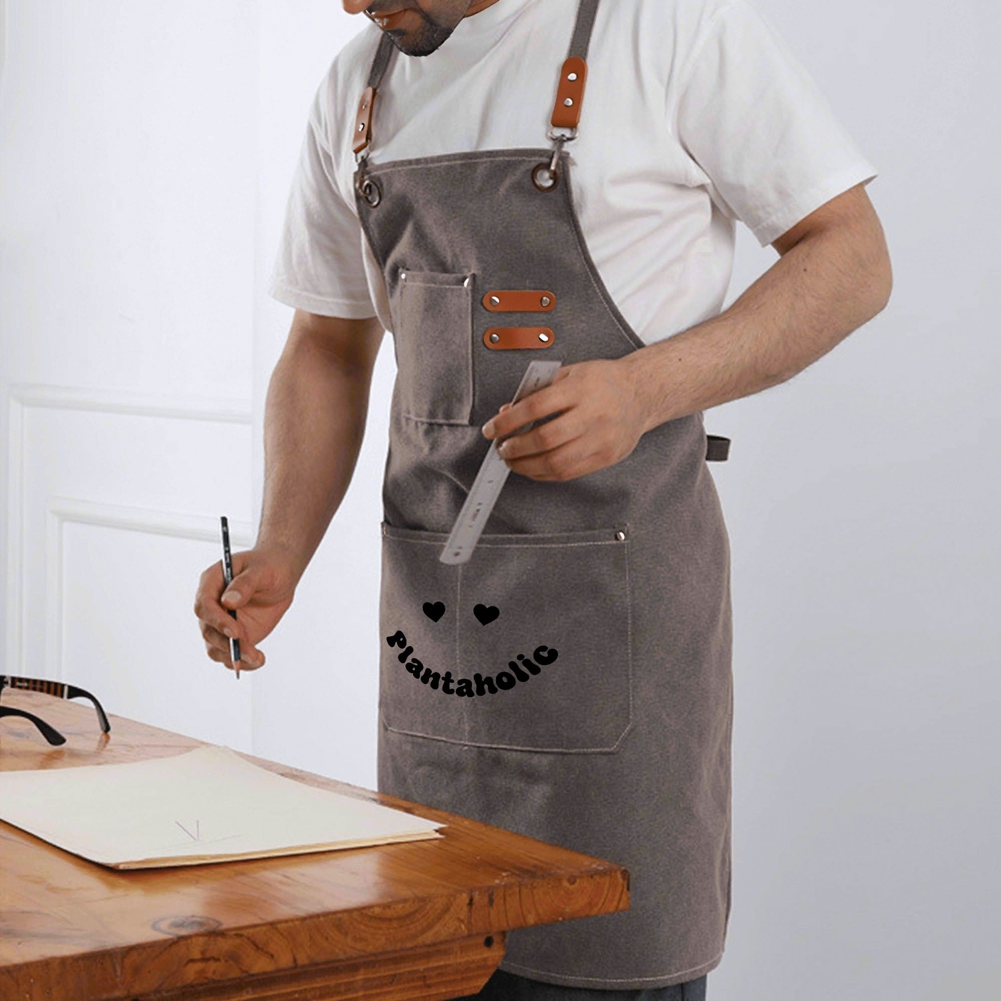 Plantaholic Unisex Canvas Cross Back Chef Apron with Large Pockets Canvas Apron Plants Printed Offshore
