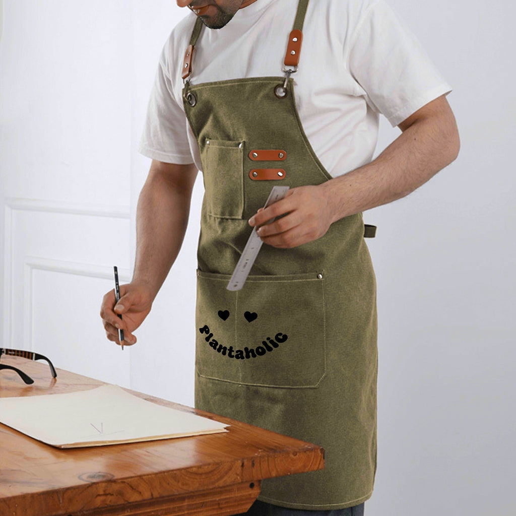 Plantaholic Unisex Canvas Cross Back Chef Apron with Large Pockets Canvas Apron Plants Printed Offshore