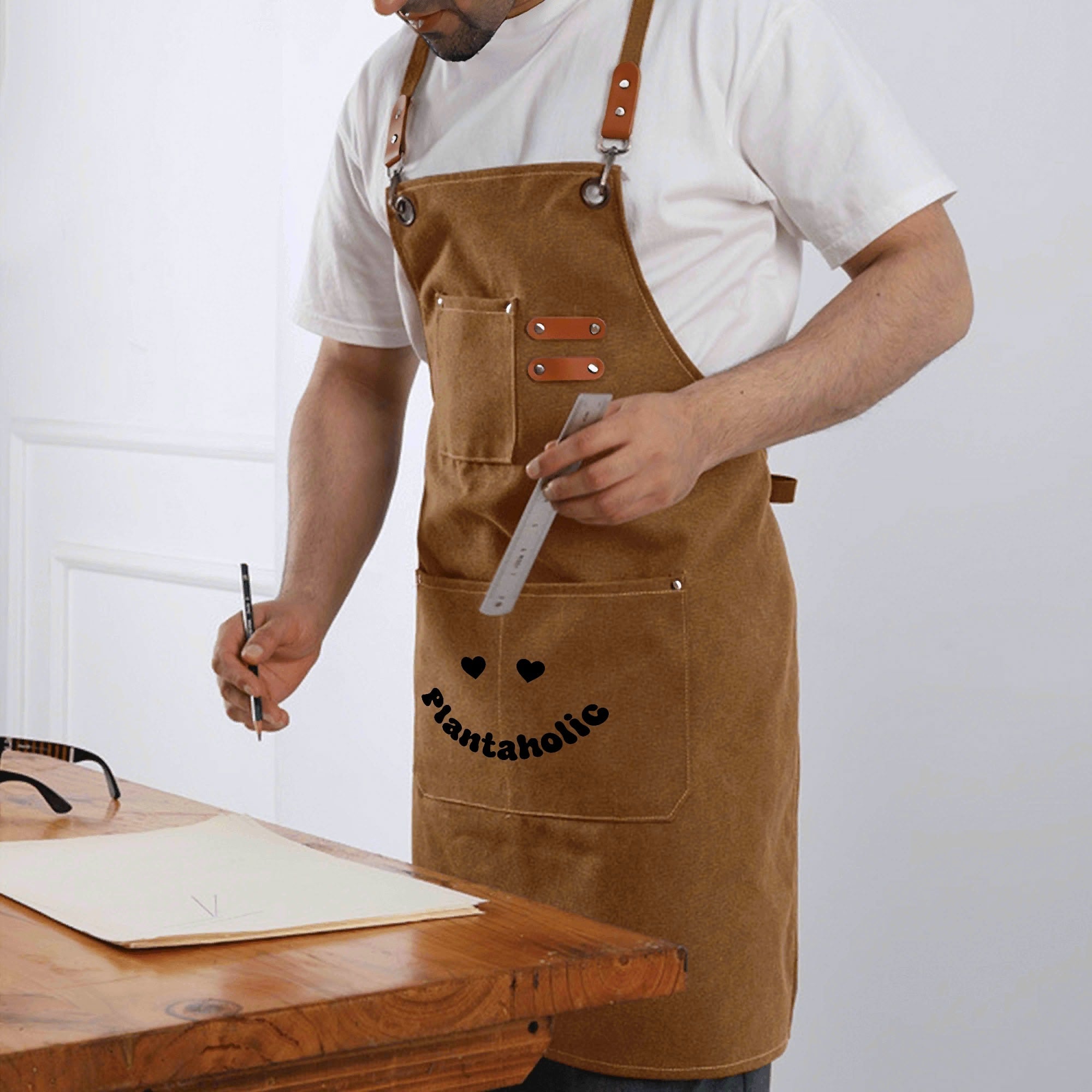 Plantaholic Unisex Canvas Cross Back Chef Apron with Large Pockets Canvas Apron Plants Printed Offshore