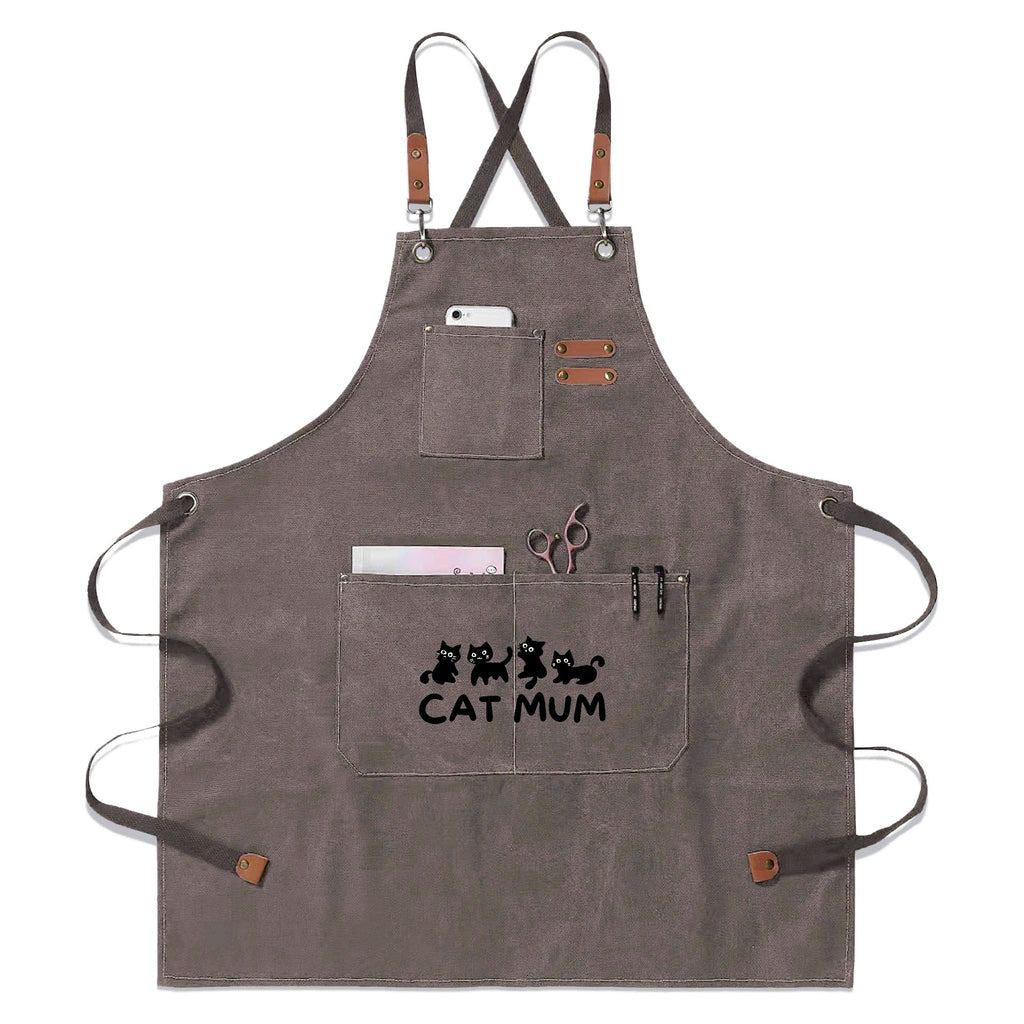 Cat Mum Unisex Canvas Cross Back Chef Apron with Large Pockets Gray Canvas Apron Mum Printed Offshore