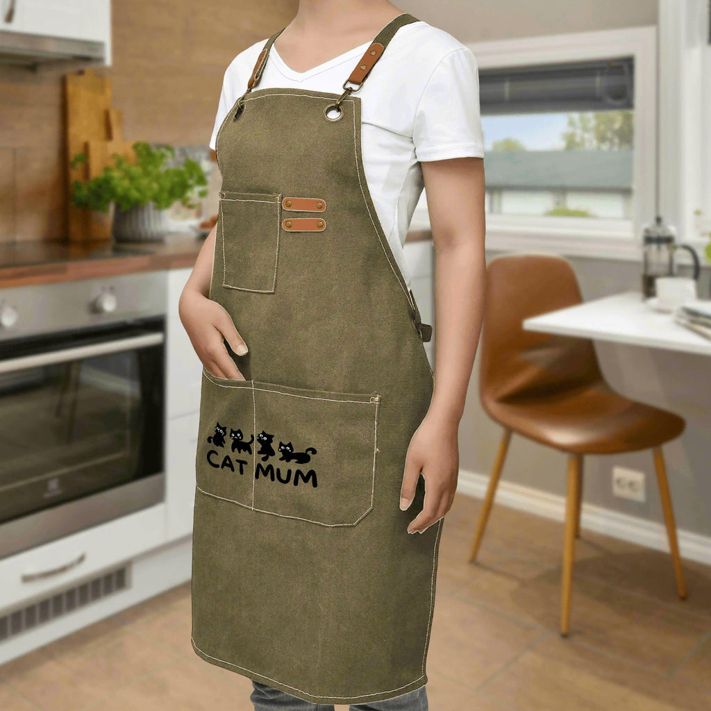 Cat Mum Unisex Canvas Cross Back Chef Apron with Large Pockets Canvas Apron Mum Printed Offshore