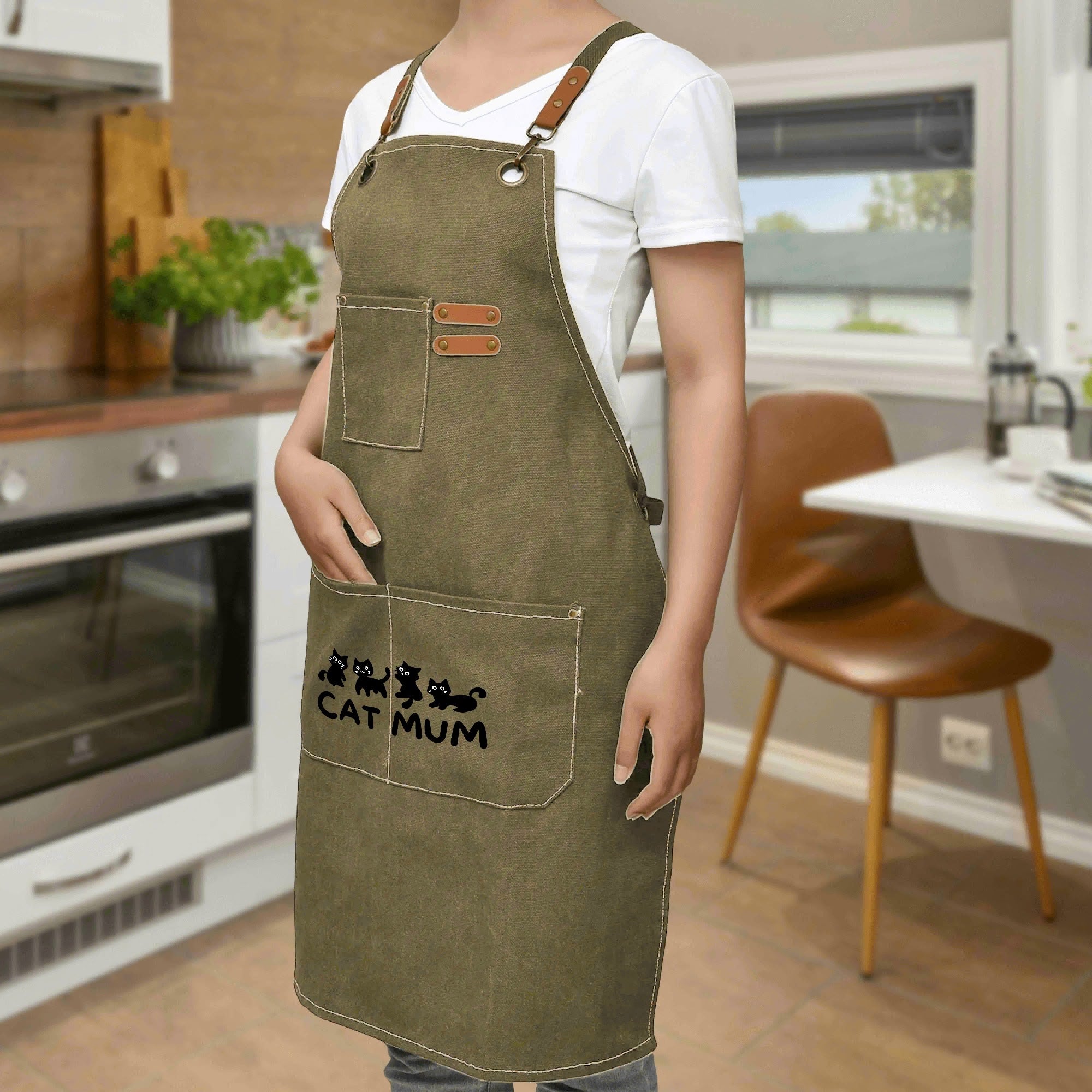 Cat Mum Unisex Canvas Cross Back Chef Apron with Large Pockets Canvas Apron Mum Printed Offshore