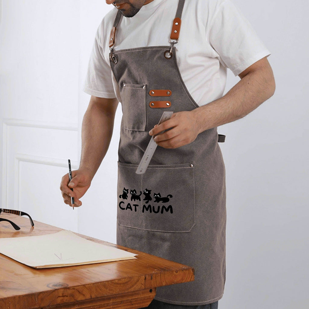 Cat Mum Unisex Canvas Cross Back Chef Apron with Large Pockets Canvas Apron Mum Printed Offshore