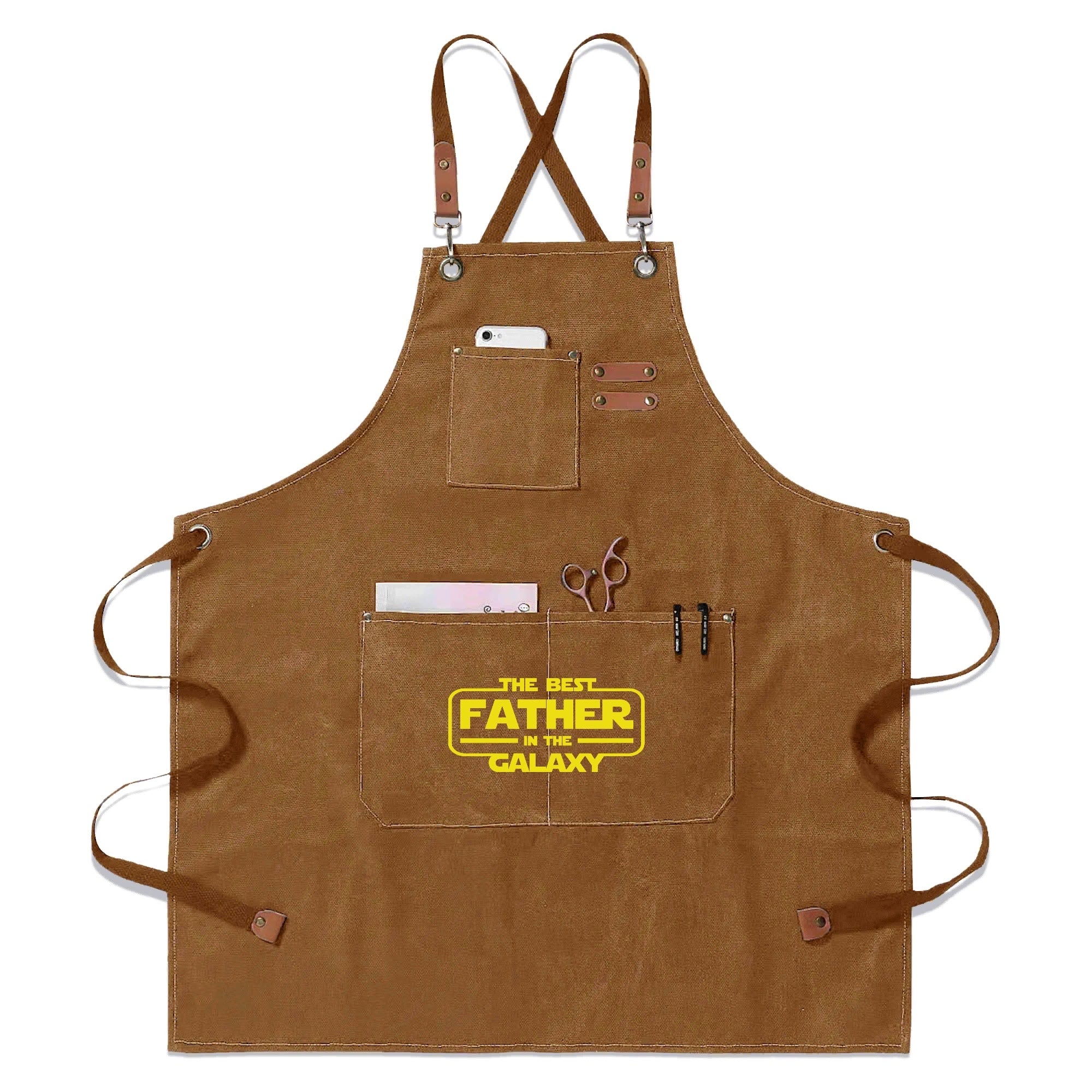 The Best Father In The Galaxy Unisex Canvas Cross Back Chef Apron with Large Pockets Khaki Canvas Apron Dad Printed Offshore