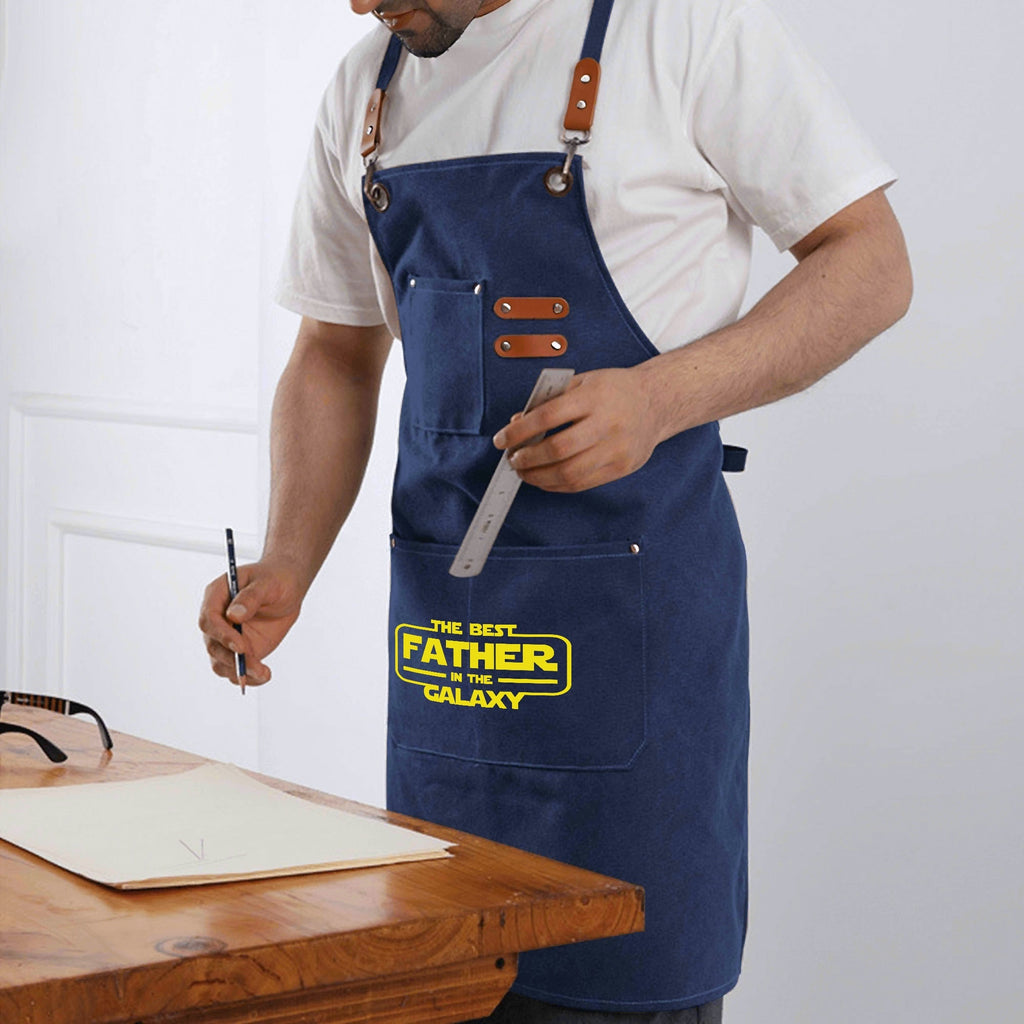 The Best Father In The Galaxy Unisex Canvas Cross Back Chef Apron with Large Pockets Canvas Apron Dad Printed Offshore