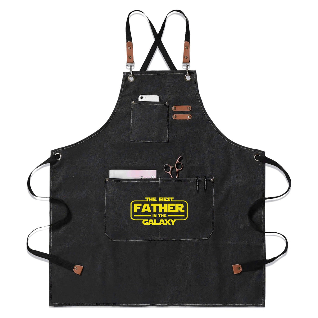 The Best Father In The Galaxy Unisex Canvas Cross Back Chef Apron with Large Pockets Black Canvas Apron Dad Printed Offshore